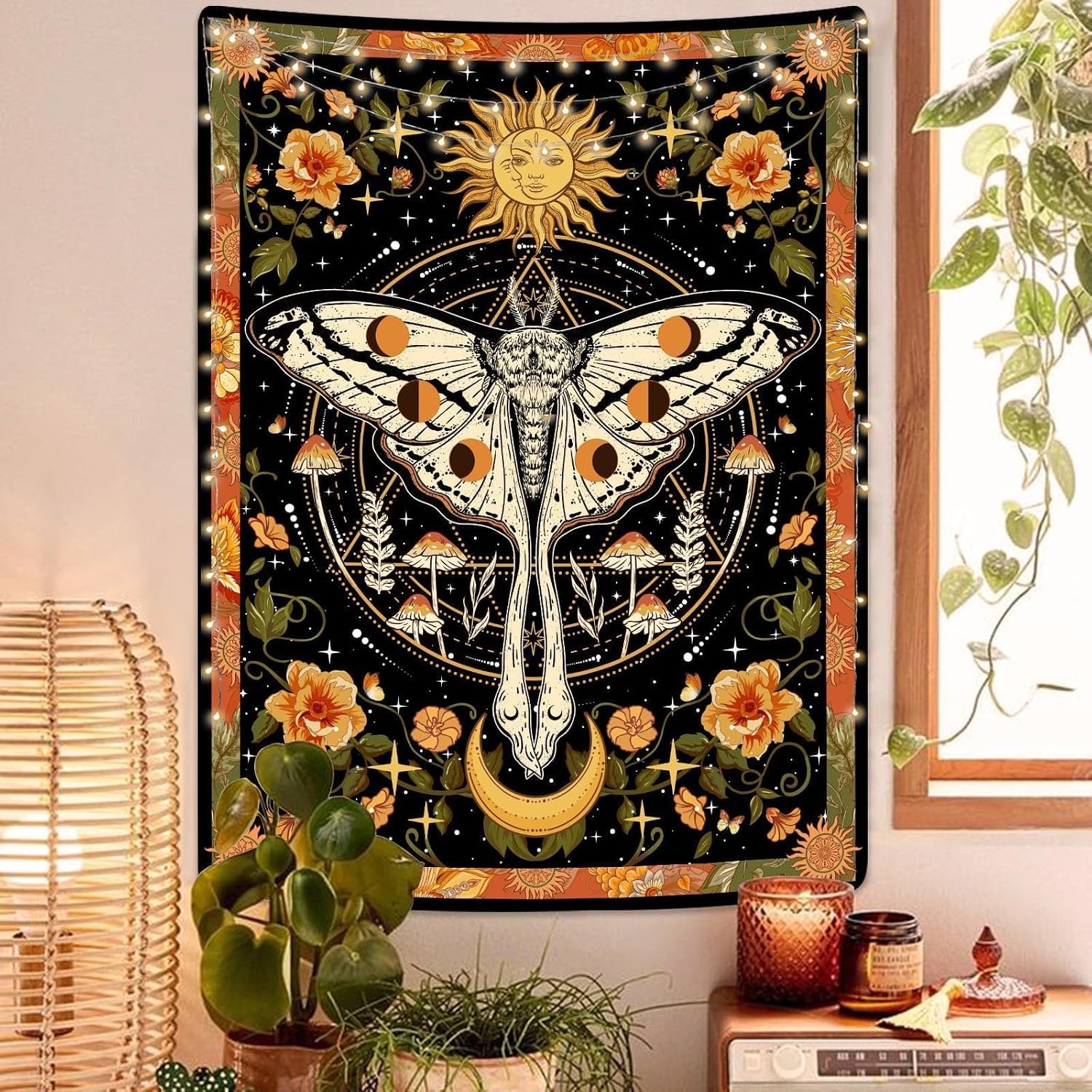 Aipon Orange Moth Tapestry Boho Retro Floral Flowers Tapestries Aesthetic Vintage Mushroom Tapestries for Bedroom Indie Small Tapestry Wall Hanging for Living Room Dorm (30” × 40”, Orange)