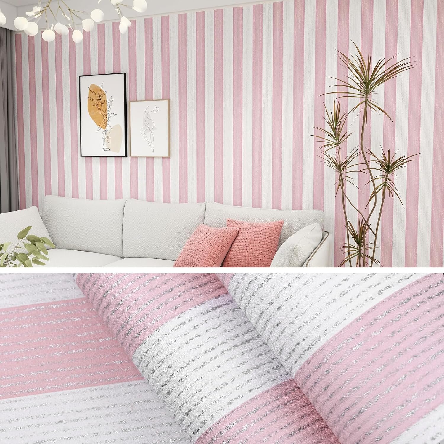Pink Stripe Peel and Stick Wallpaper 15.7″ x 118″ Pink and White Self-Adhesive Wallpaper Removable Waterproof Contact Paper for Cabinets,Bedroom,Nursery,Accent Wall