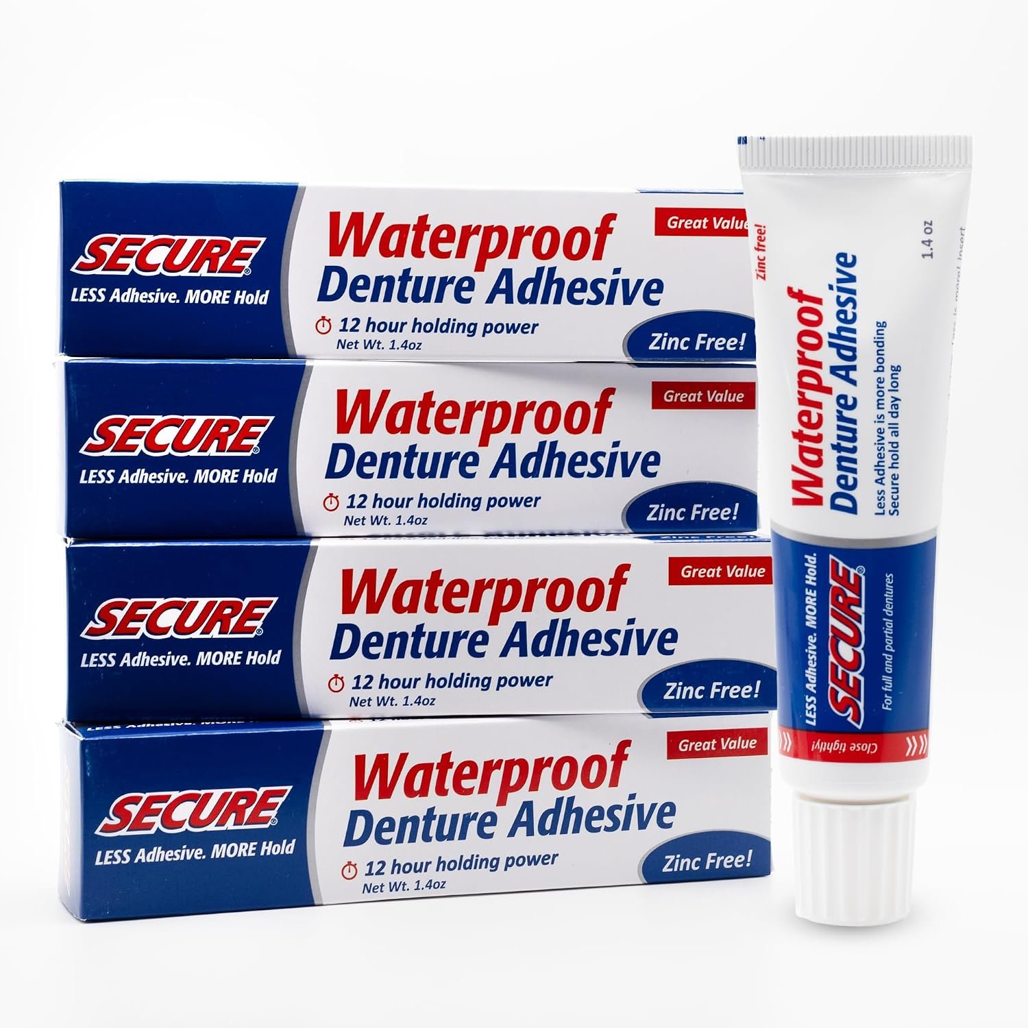 Secure Denture Adhesive Cream, Zinc Free Denture Glue, 1.4 oz, 4 Pack | Waterproof Seal – Food Grade Ingredients – Less Adhesive, More Hold – Tube Lasts Up to 8 Weeks