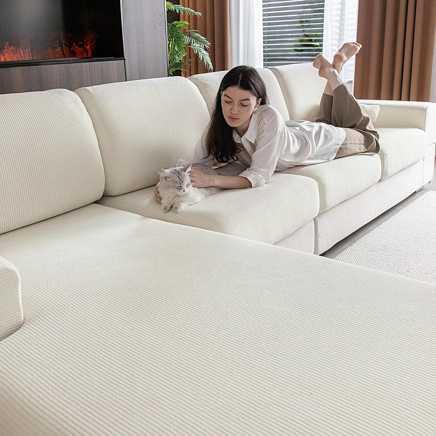 OHSIO Sectional Couch Covers, Wear Resistant Stretch Sofa Covers Washable Soft Couch Cushion Covers Anti Slip Furniture Protector Sofa Slipcovers for Pets (1 Piece Chair Cover, Ivory)