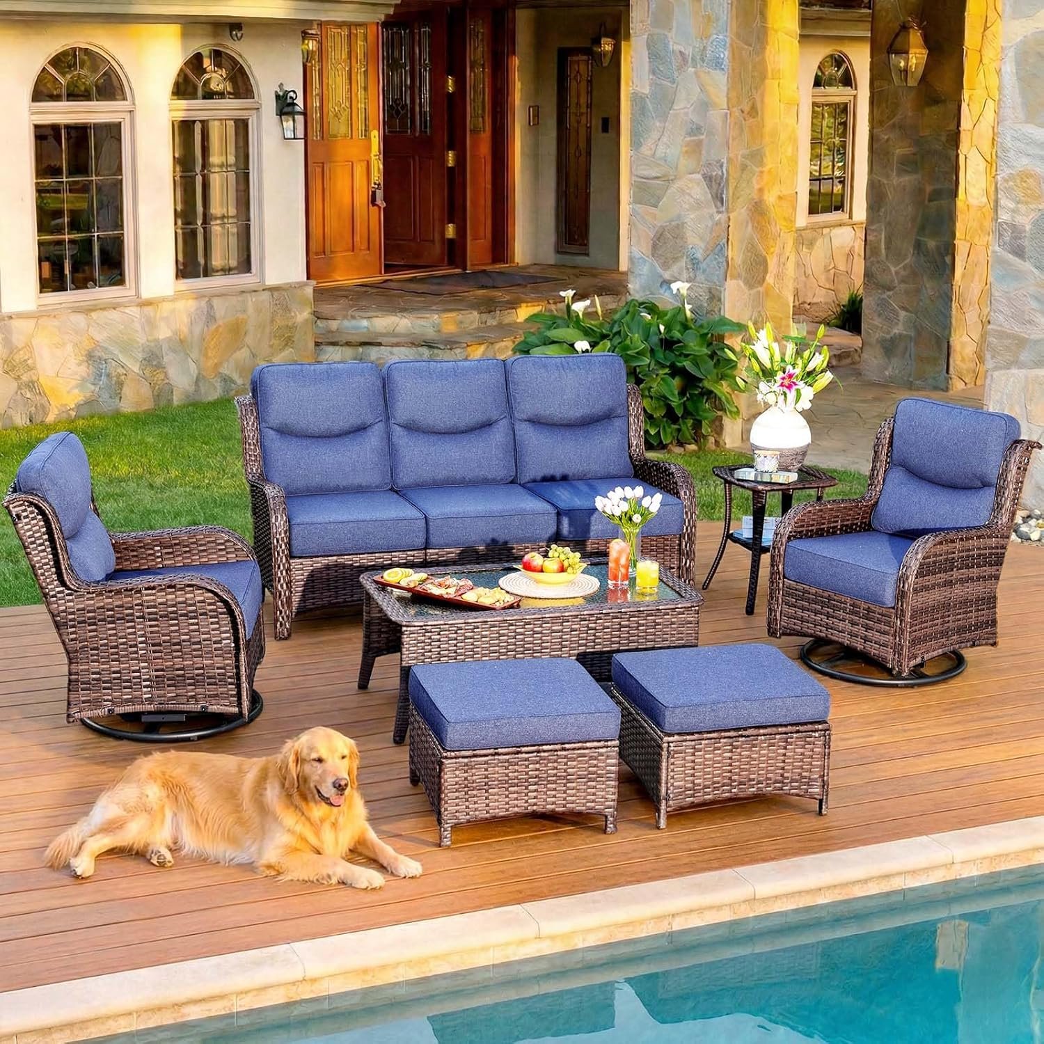 7-Piece Luxury Patio Furniture Set with 6″ Thick Cushions, Weather-Resistant Wicker High Back Swivel Rocker Chairs, Senior-Friendly Outdoor Sofa Set for Large Deck, Yard and Poolside, Blue(V2)