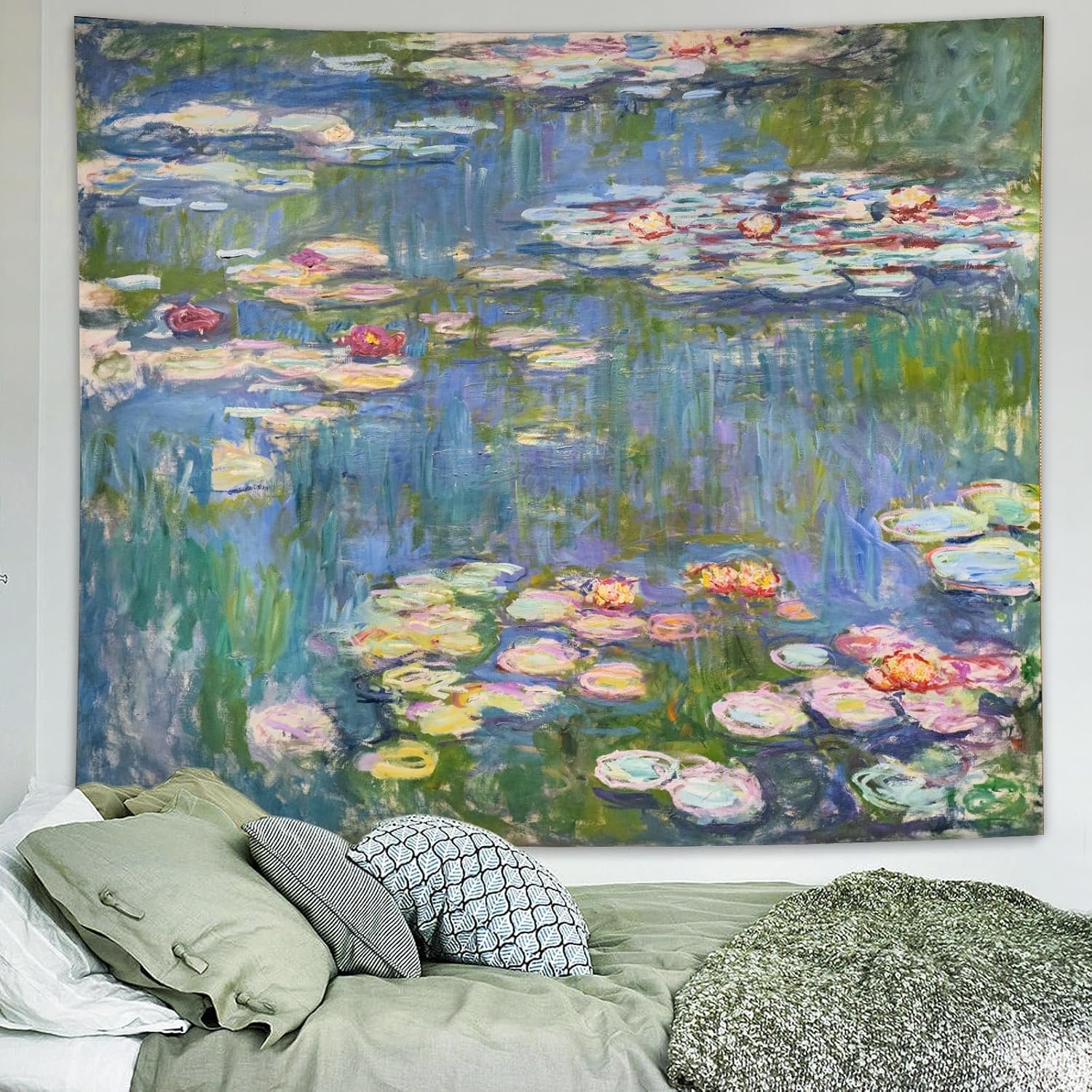 Monet Waterlily Wall Tapestry, Cute Floral Art Tapestries for Girl Bedroom | Small Monet Wall Art Decor, Nature Pond Wall Hanging, Painting Flower Poster for Living Room Dorm Camping Office (39″X51″)