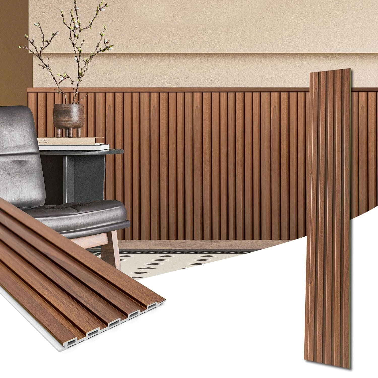 Art3d 48 x 6 Inch WPC Wood Slat Wall Panels, 3D Wall Accents, 16-Pack, Teak | Real Wood Grain, Durable, Water Resistant, Wear-Resistant, No Emission, Eco-Friendly, Easy to Care, for Living Room, Bedroom