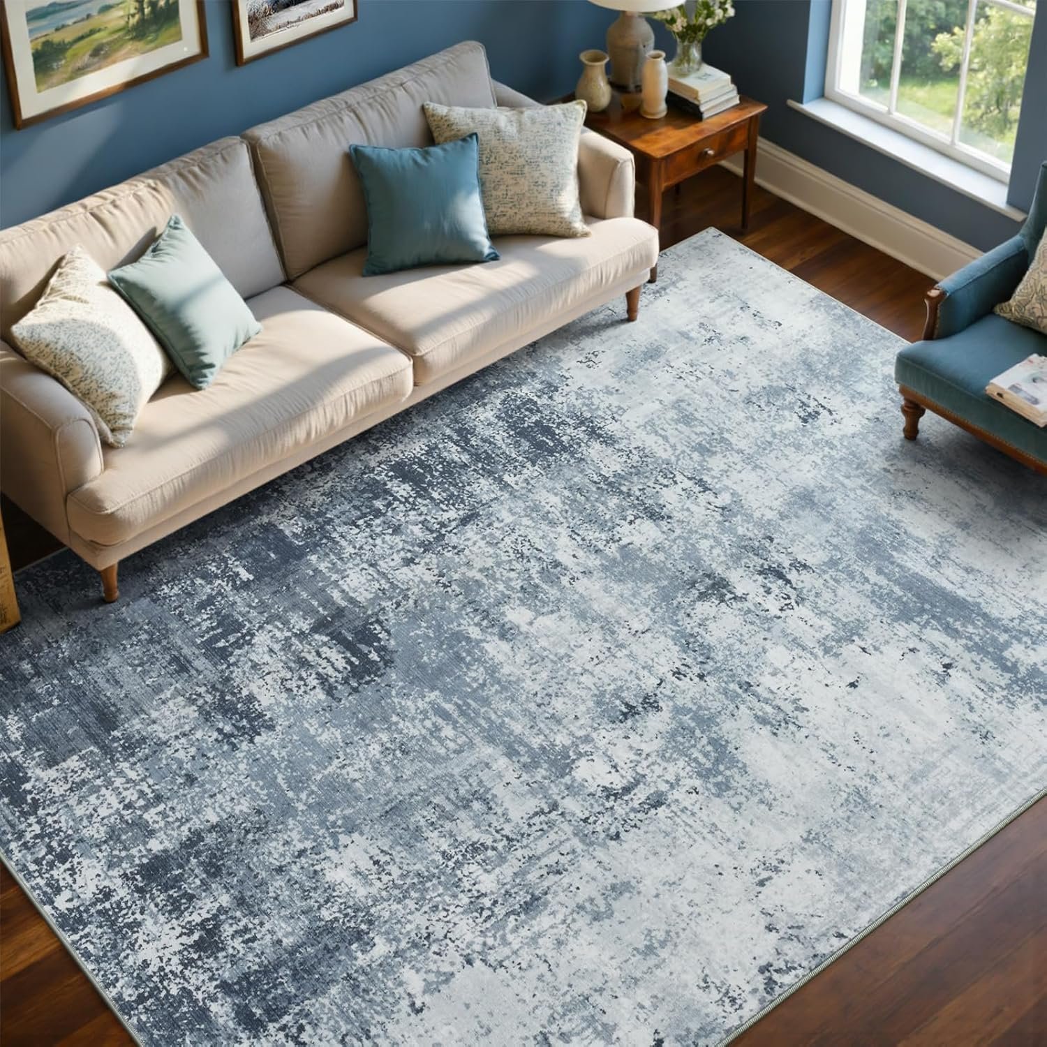 6×9 Ft Large Area Rugs for Living Room, Soft Non-Slip Washable Rugs Modern Abstract Pattern Carpet for Bedroom Indoor Floor Nursery Home Decor (Blue)