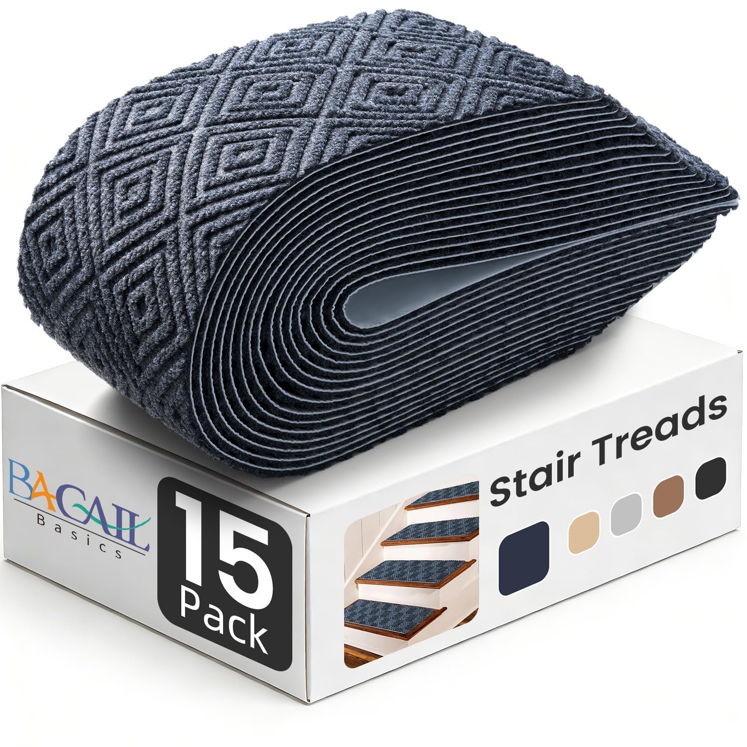 BAGAIL 15-Pack Non-Slip Stair Treads 8″x30″ for Wooden Steps, Bluish Grey | No-Residue Adhesive, 0.28″ Thick Cushion, Machine Washable, Safe for Dogs, Kids & Elderly, Peel-and-Stick Easy Installation