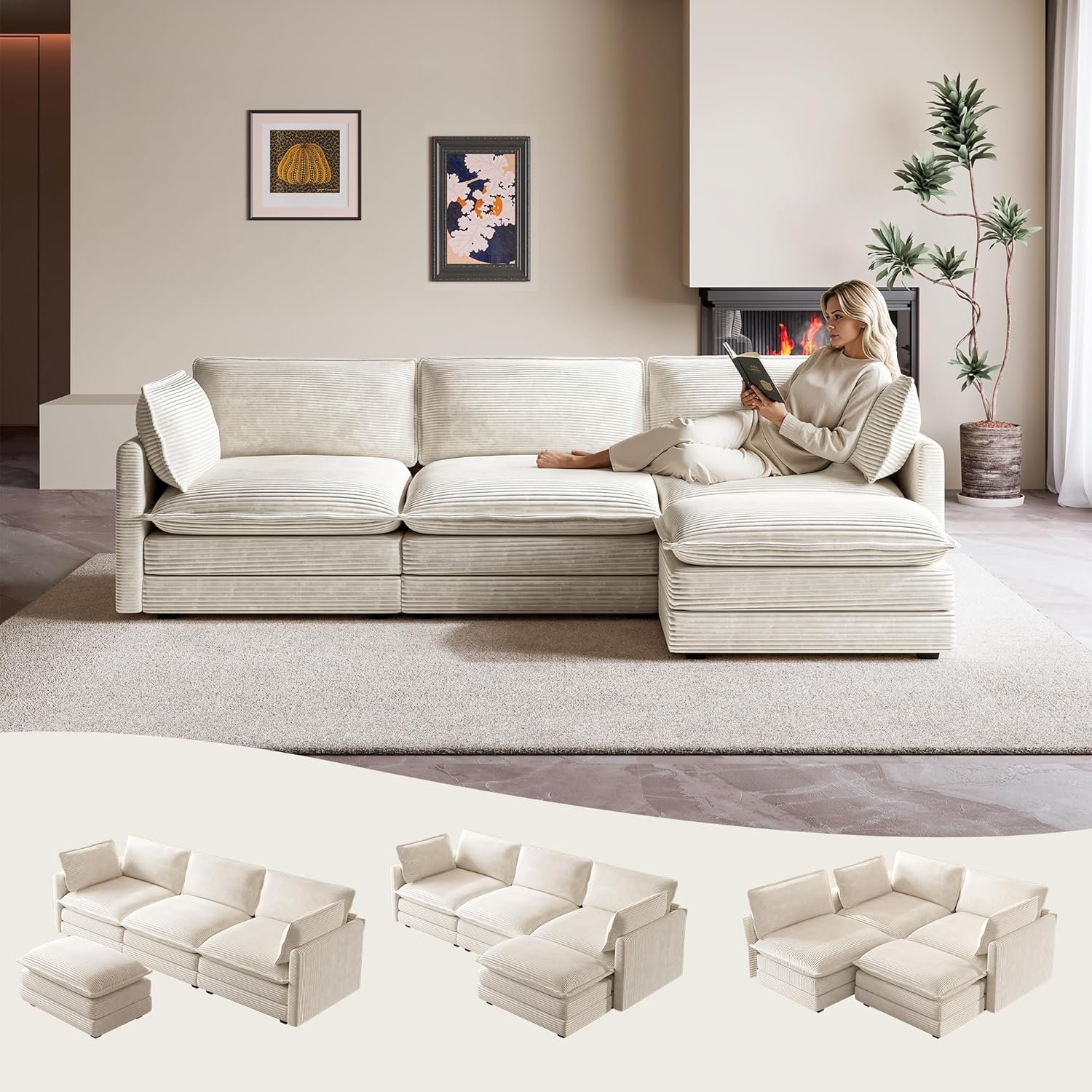 ROWHY 104” Modular Sectional Cloud Couch with Movable Ottoman, 4 Seat Modern Corduroy Sofa, Deep Seat L Shaped Couch for Living Room Bedroom Apartment, Beige