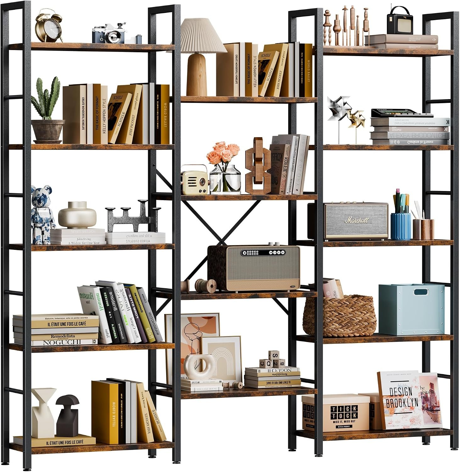 Shintenchi Triple Column 5 Tier Bookshelf, Industrial Large Bookcase Display Shelves, Large Etagere Bookshelf, Wide Book Shelf Book Case for Home & Office, Rustic Brown