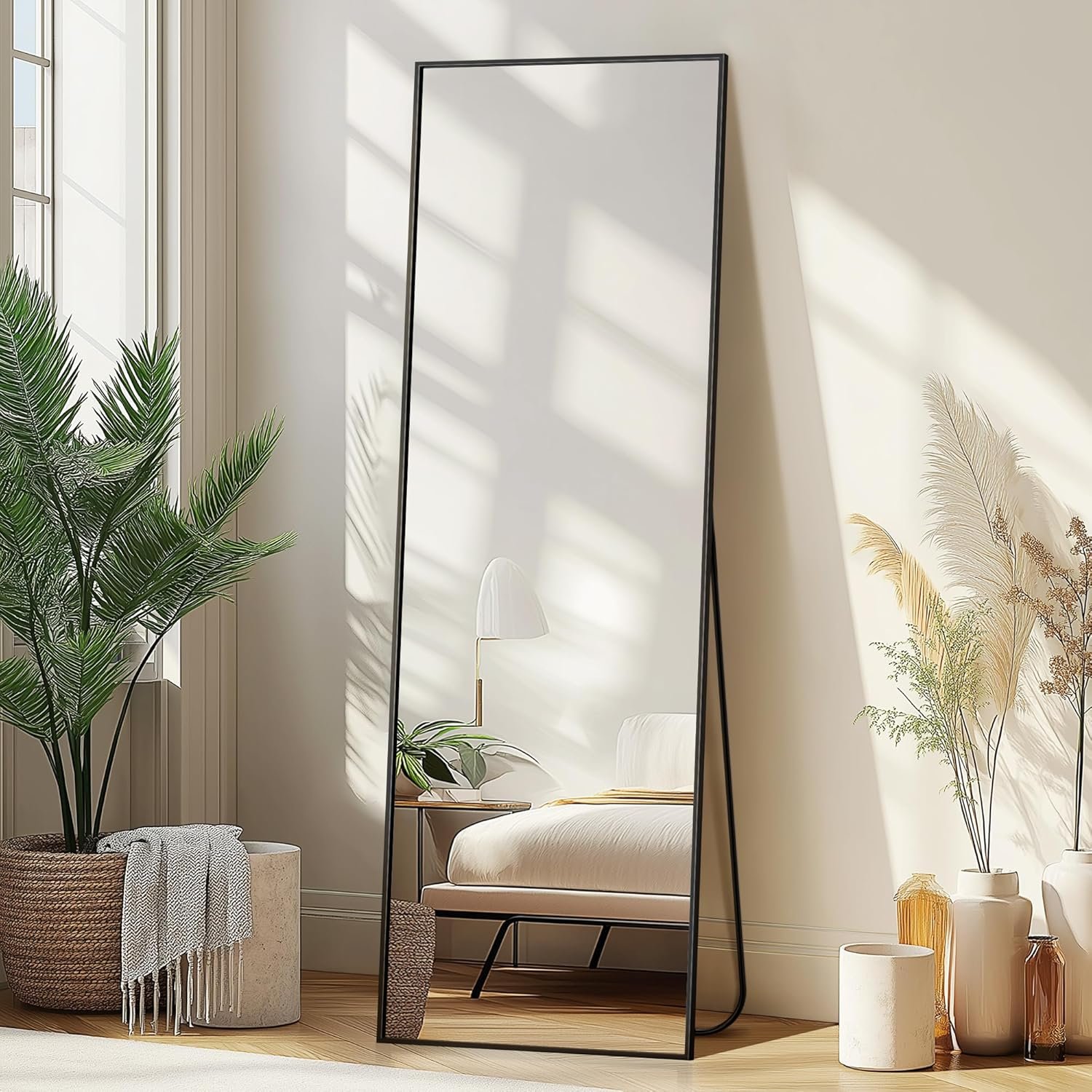 Full Length Mirror with Stand, Black Floor Mirror | Aluminium alloy frame with HD float glass for distortion-free reflection. Free standing or wall mounted.