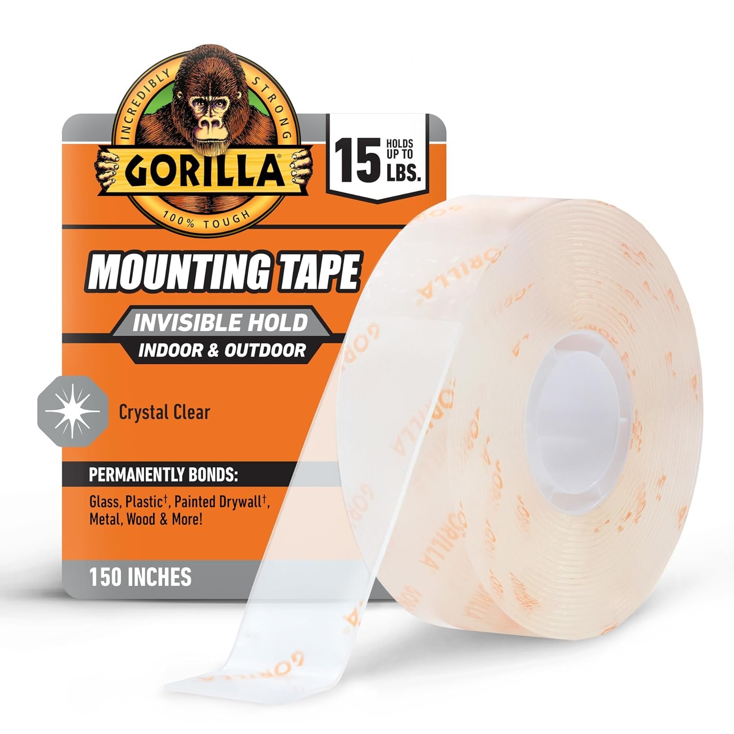 GORILLA Invisible Hold Mounting Tape, Clear, 1″ x 150″, 1-Pack | Holds up to 15 lbs, Clear Double-Sided Tape for Strong, Permanent Bond, Discreet Adhesive for Classroom and Study Space Setup