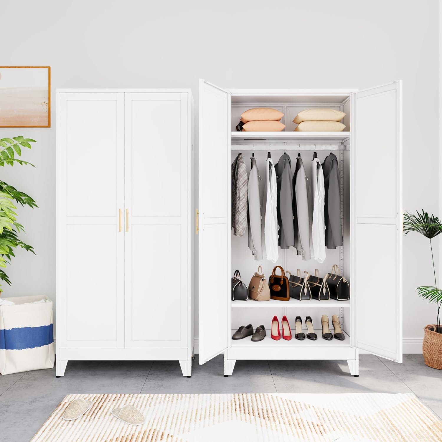 Metal Armoire Wardrobe Closet Storage Cabinet with Hanging Rod,71” Metal Wardrobe Cabinet with 2 Doors and 2 Adjustable Shelves for Bedroom, Laundry Room, Cloak Room