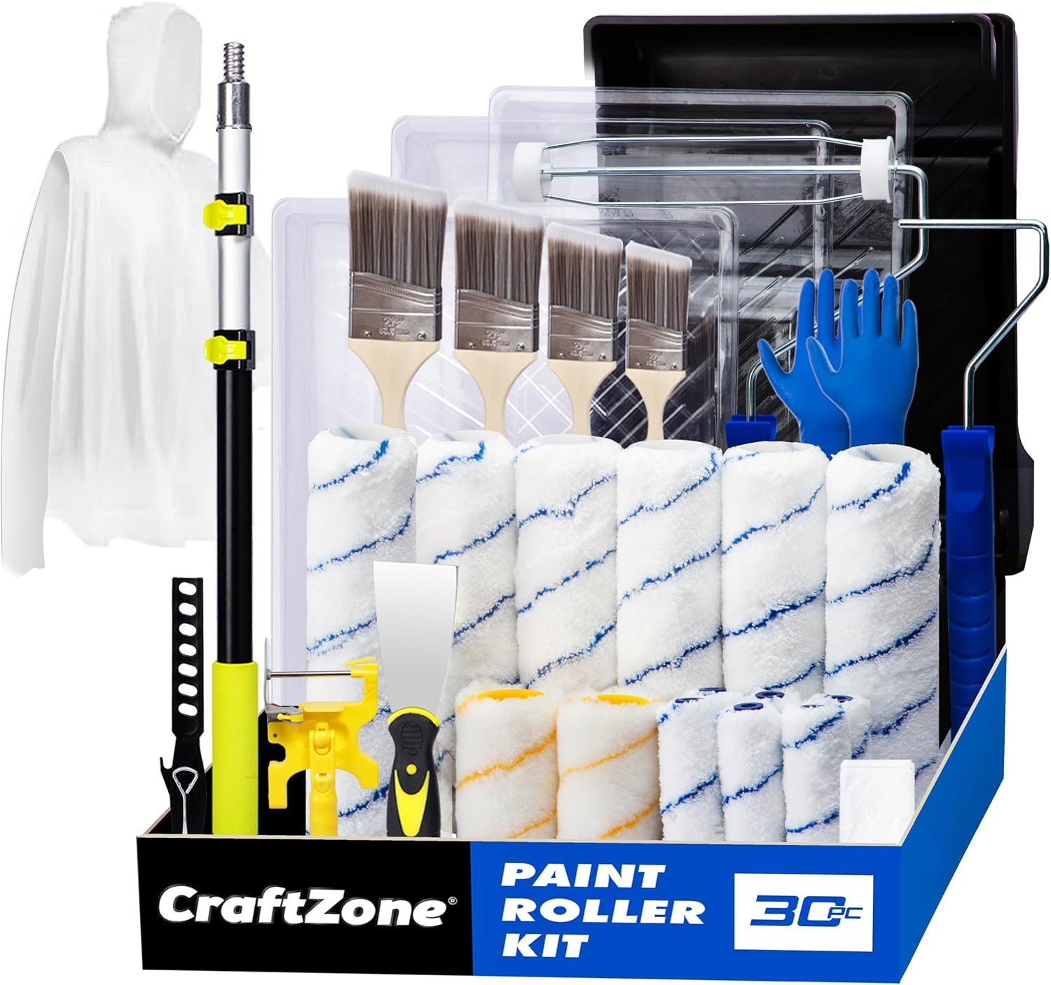 30PCS Paint Roller Kit with Extension Pole-2 to 4 FT,Wall Painting Supplies with Paint Edger Roller Brush 12″,House Painting Set with Rainsuit & Drop Cloth for Home|Office|Shop Professional Painting