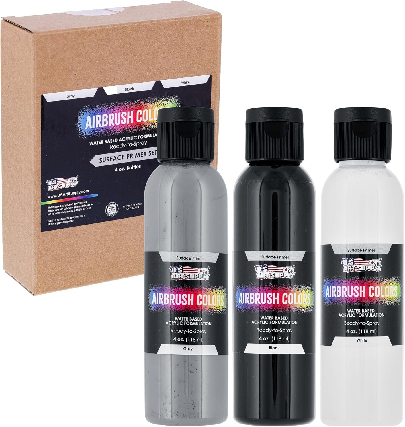 U.S Art Supply Black, White, Gray Surface Primer Airbrush Paint, 3 Color Set, 4 oz – Ready-To-Spray, Water-Based Acrylic Polyurethane – Artist Priming, Plastic, Metal, Canvas, Wood, Hobby Models Craft