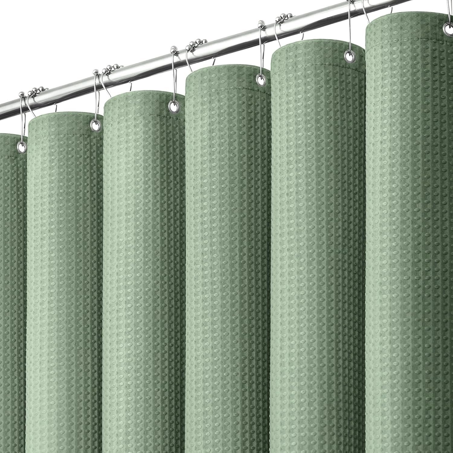 Waffle Shower Curtain 256 GSM Heavy Duty Fabric 72″x72″ Sage Green | Thick Textured Cloth, Weighted Hem, Water Repellent Washable, Hotel Luxury Polyester Shower Curtain Set for Bathroom 12 Hooks