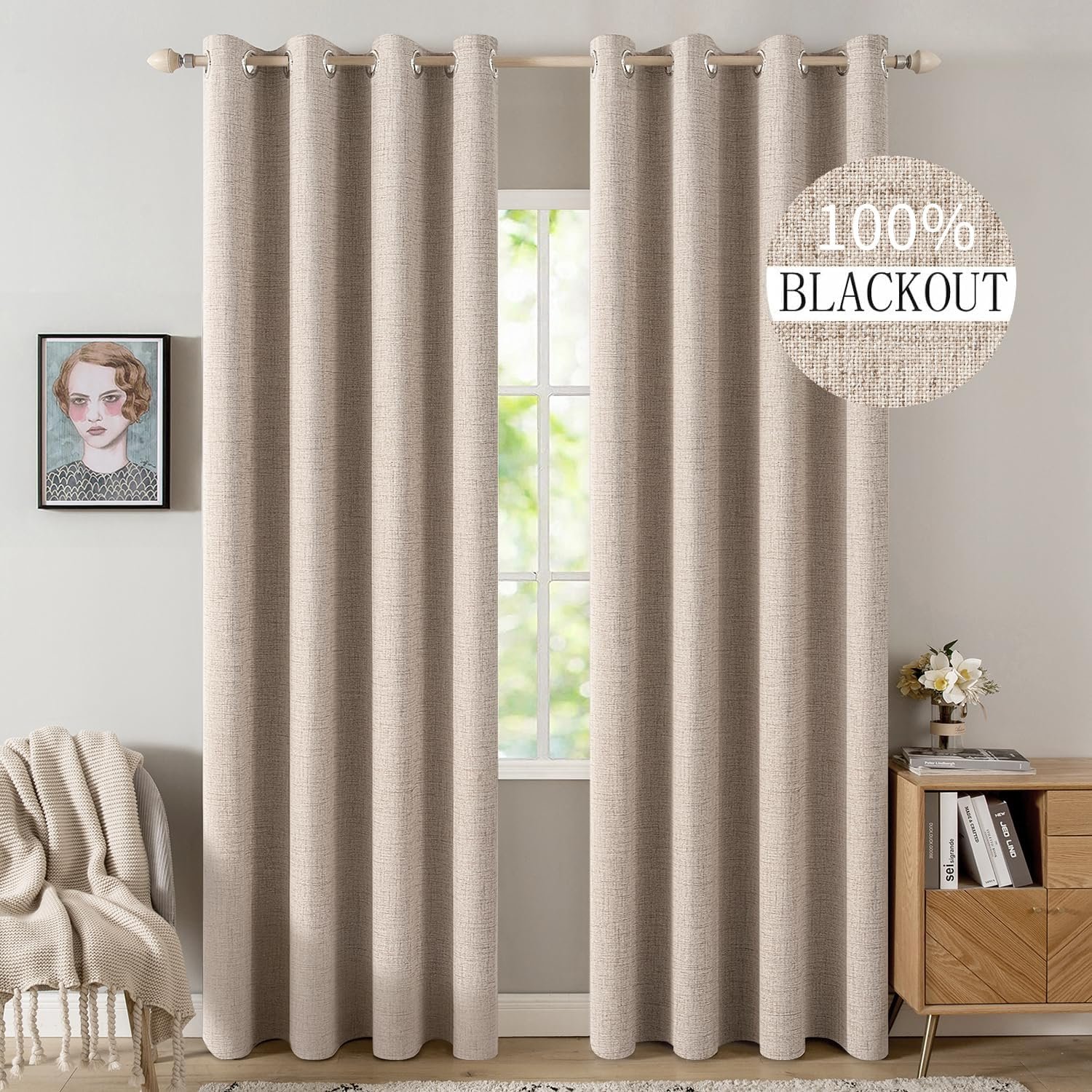 MIULEE 100% Blackout Linen Curtains for Bedroom 52×84 Inches Natural Beige | Room Darkening, Light Blocking, Thermal Insulated, Grommet Top, Linen Textured, Window Curtains for Living Room, 2 Panels