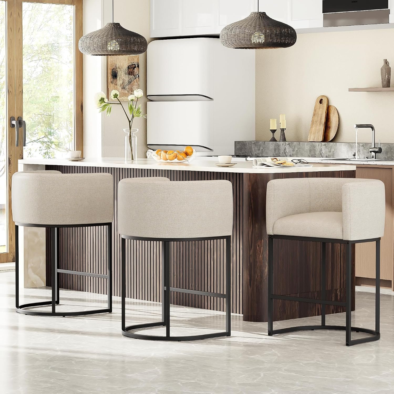 26″ H Counter Height Bar Stools Set of 3, Modern Barrel Counter Stools with Backrest and Arms, Linen Fabric Upholstered Accent Barstools for Kitchen Island, Support 450 LBS, Beige