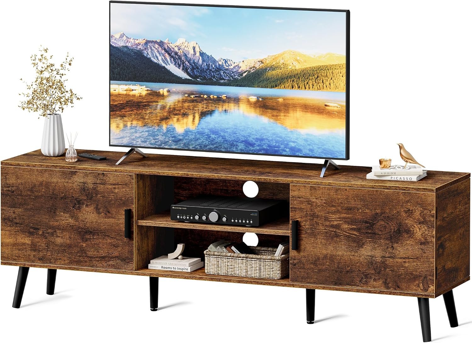 SUPERJARE TV Stand for 55 Inch TV, Entertainment Center with Adjustable Shelf, 2 Cabinets, TV Console Table, Media Console, Solid Wood Feet, Cord Holes, for Living Room, Bedroom, Rustic Brown