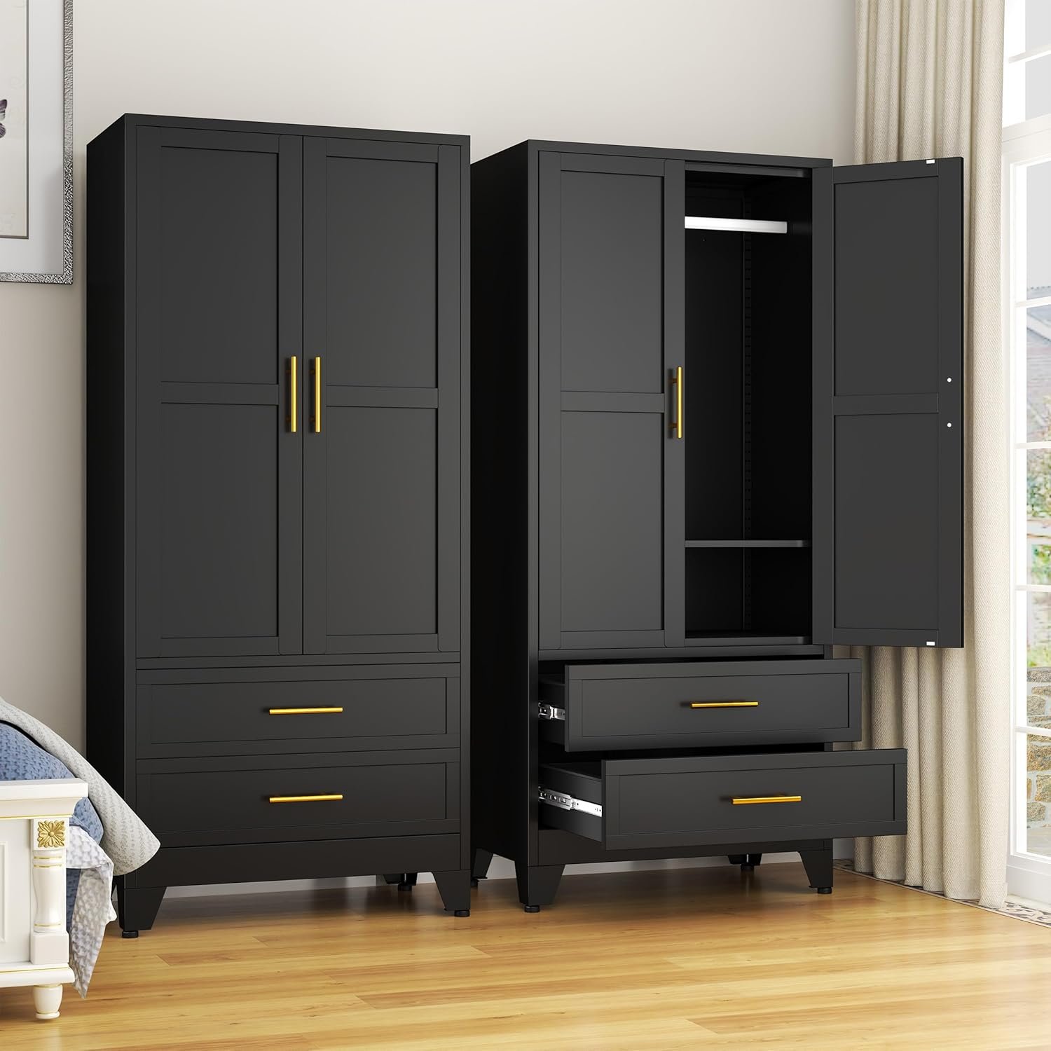 GAIOUS Metal Wardrobe Cabinet with 2 Drawers, 71″ Clothing Storage Cabinets | with 2 Doors, 1 Adjustable Shelf, Steel Armoire Wardrobe Closet with Hanging Rod for Bedroom, Gym, Cloak Room (Black)
