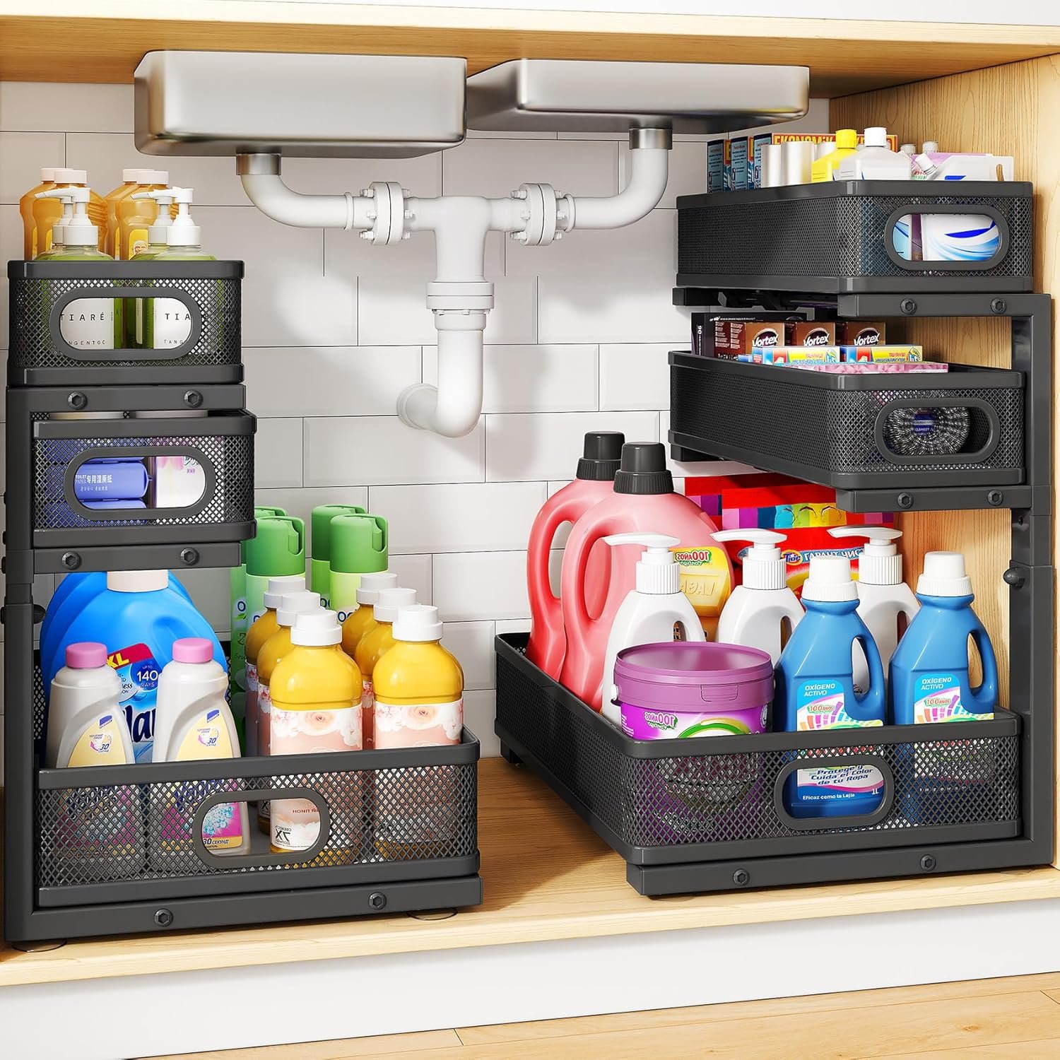 Under Sink Organizer, 3-Tier Thickened Metal Pull out Cabinet Organizer Shelf, Height Adjustable Slide out Storage Drawer Rack for Kitchen Bathroom Pantry Laundry Home Organization, 2-Pack, Black | 35% More Storage Capacity, Carbon Steel, Hold Up 55lbs, Suction Cups and Nano Adhesive, Fit for Kitchen, Bathroom and Pantry