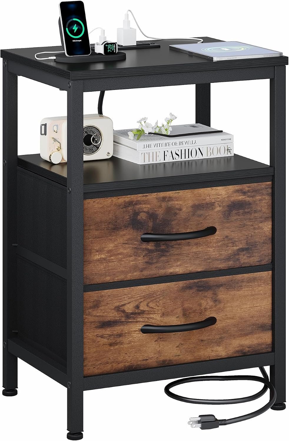 OLIXIS Nightstand with Charging Station, Beside Table with Fabric Drawers | 3-Tier End Table with Storage Shelf, Night Stand with USB Ports and Outlets for Bedroom, Rustic Brown and Black