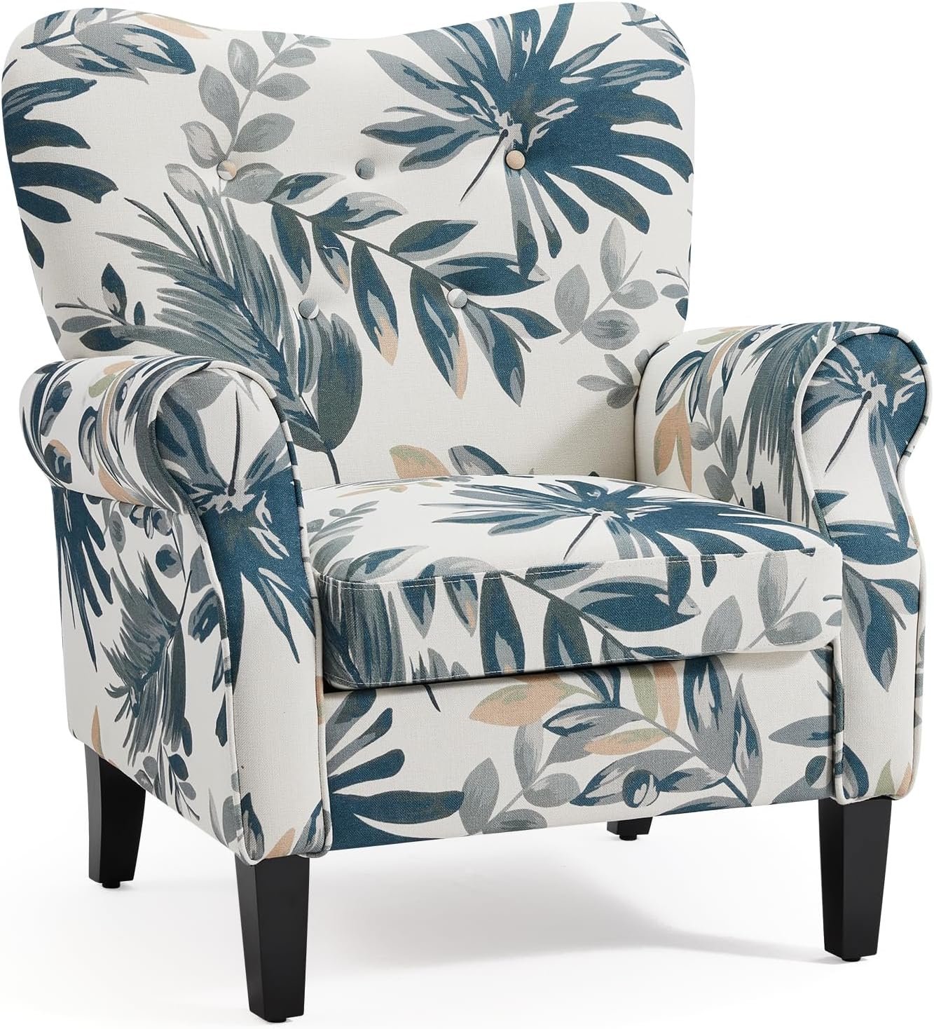 Modern Accent Chair,High Back Armchair,Upholstered Fabric Button Single Sofa with Wooden Legs for Living Room,Bedroom,Blue Leaves