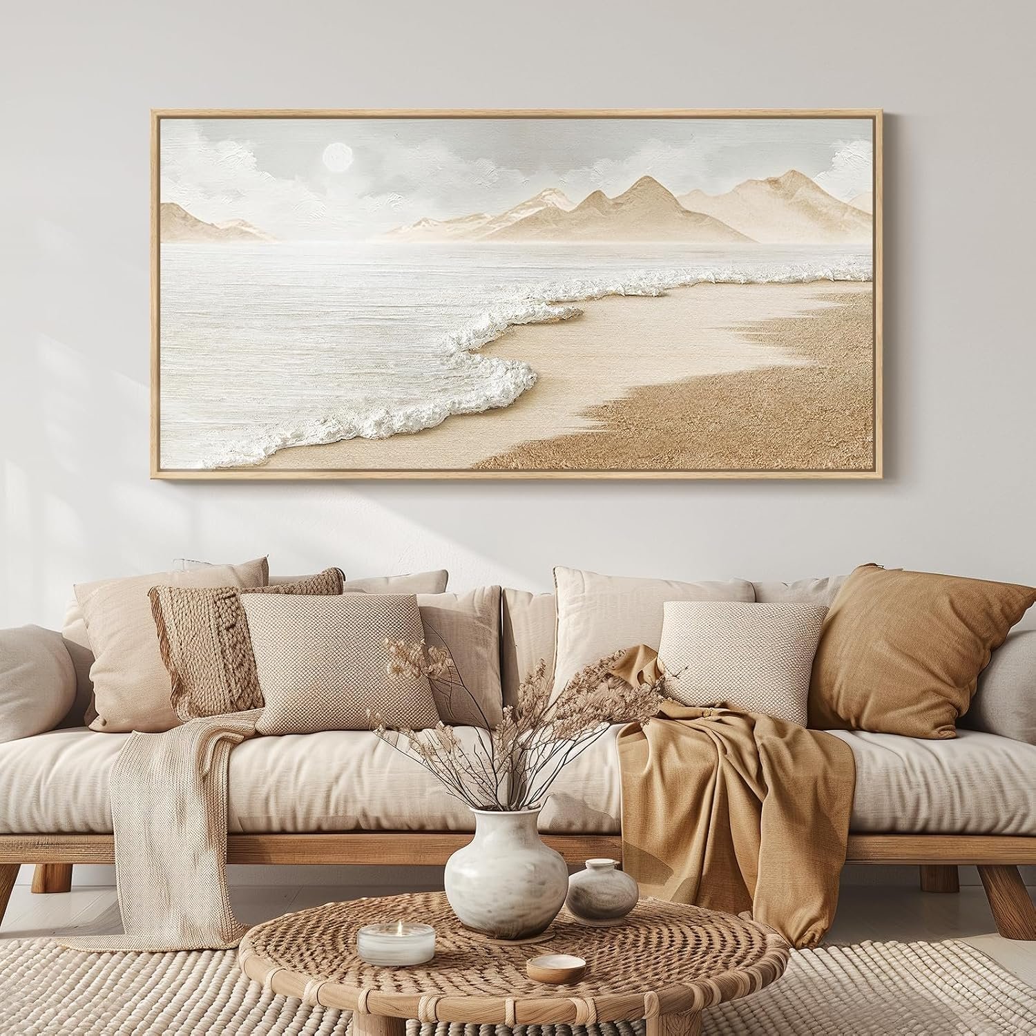 Framed Boho Coastal Ocean Wall Art, Extra Large Beach Decor, 30×60 Inch | Neutral, Large, Abstract, Canvas artwork, Seascape, Summer, Bedroom decor, Office art, Ready to hang, Wood frame