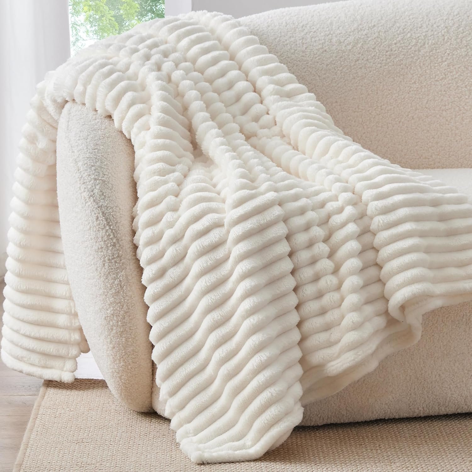 BEDELITE Ribbed Fleece Throw Blanket for Couch, Cream, 50″x60″ | Ultra-Soft Plush Fleece, Cozy, Warm Yet Lightweight, Ribbed Texture, Home Decor, Machine Washable, Giftable, All-Season Use