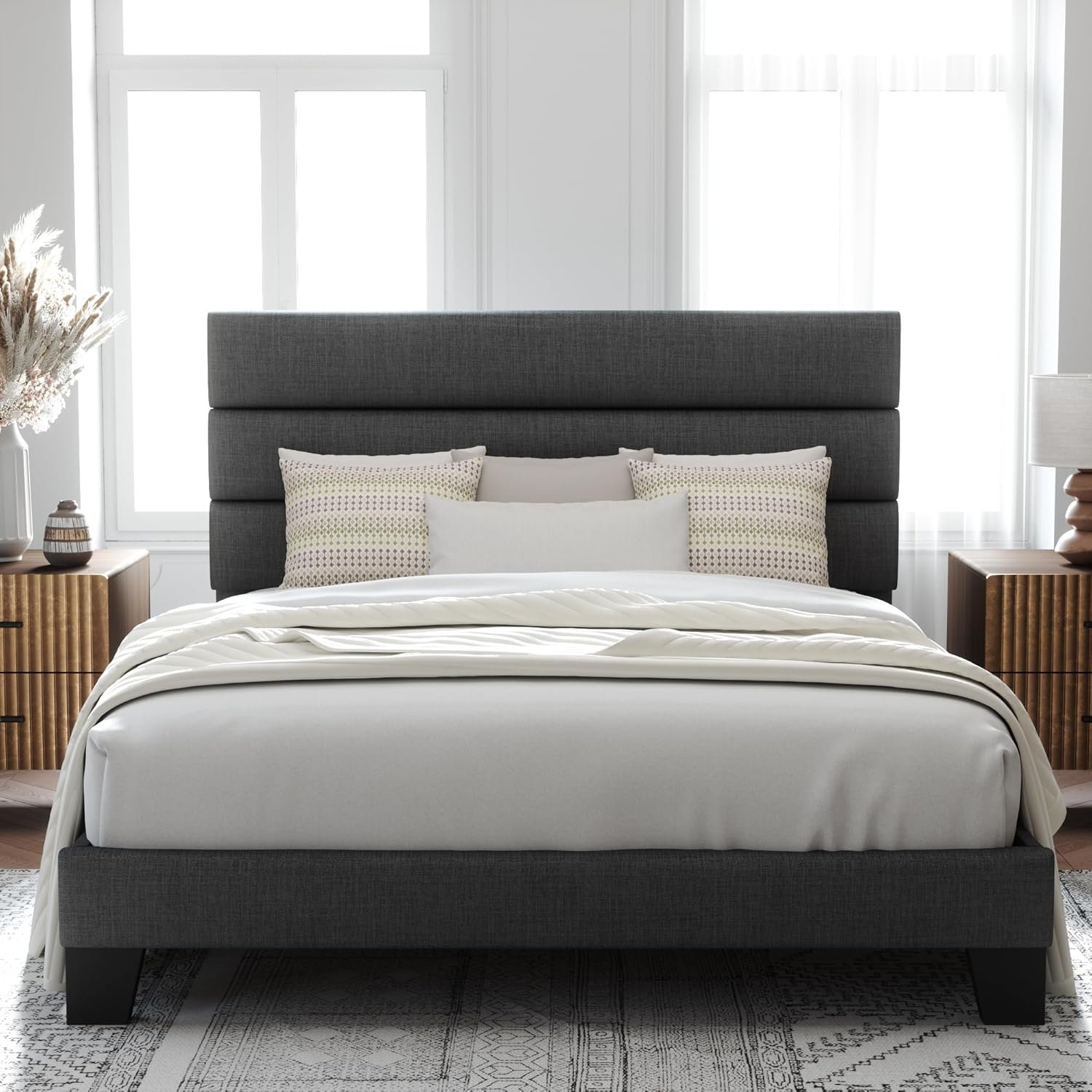 Allewie Queen Size Platform Bed Frame with Fabric Upholstered Headboard | Wooden Slats Support, Fully Upholstered Mattress Foundation, No Box Spring Needed, Easy Assembly, Noise-Free, Dark Grey