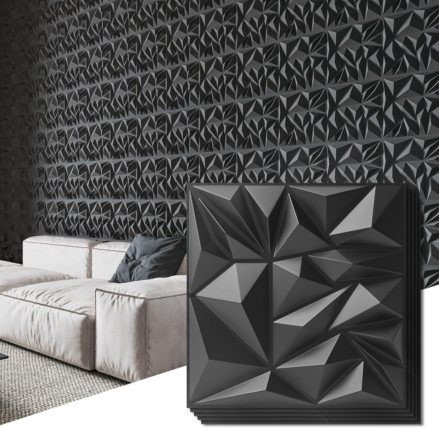 Art3d 50-Pack Modern Diamond Textured 3D Wall Panels, 12 x 12 in, Black | Light PVC, Waterproof, Scratch Proof, Decorative Wall, Ideal for Home, Office & Commercial Spaces