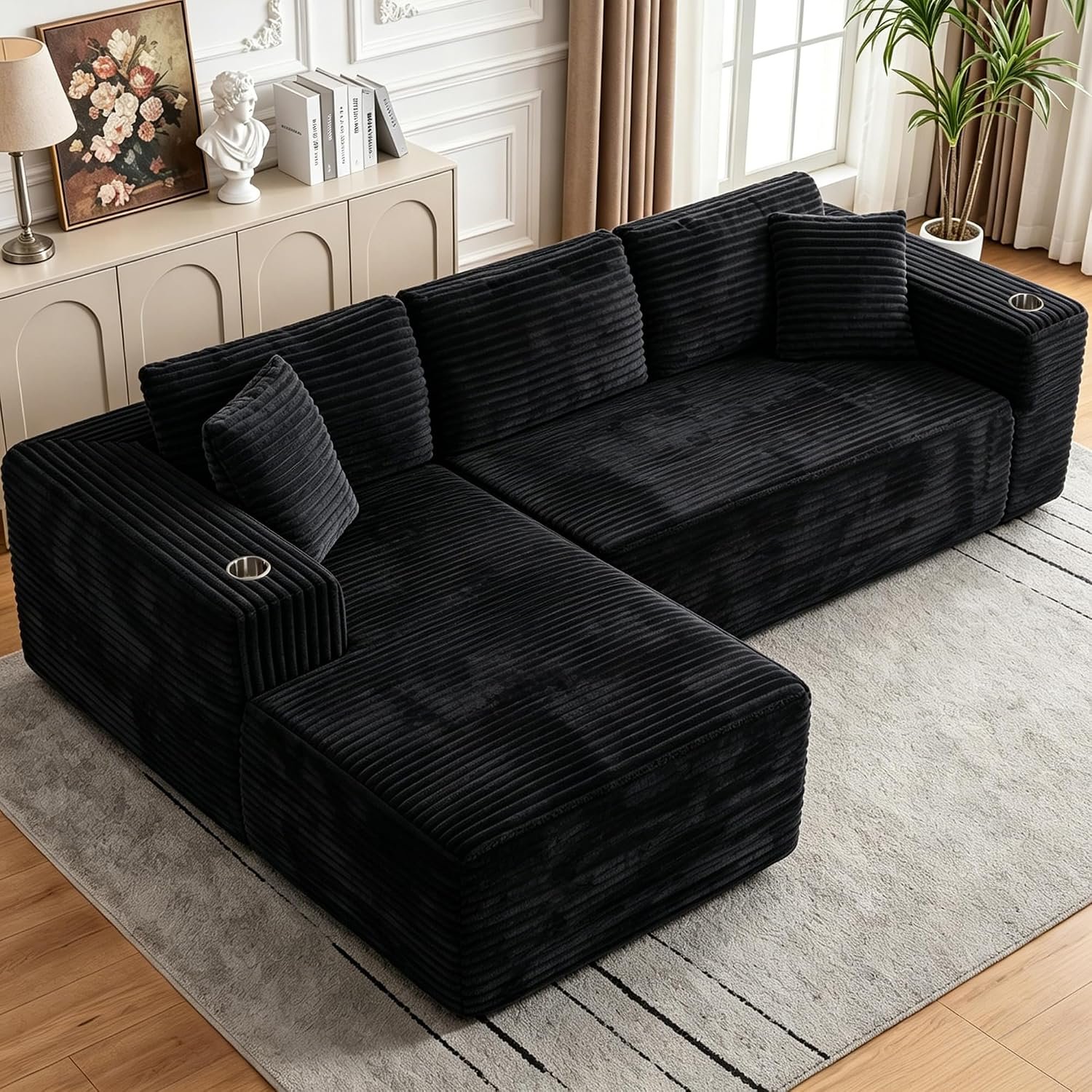 Cloud Sectional Boneless Couches for Living Room,Modular Sectional Sofa with 2 Cup Holders,Memory Foam Cloud Couch with L Shaped Oversized Chaise,No Assembly Needed Plush Corduroy Sofa,Black