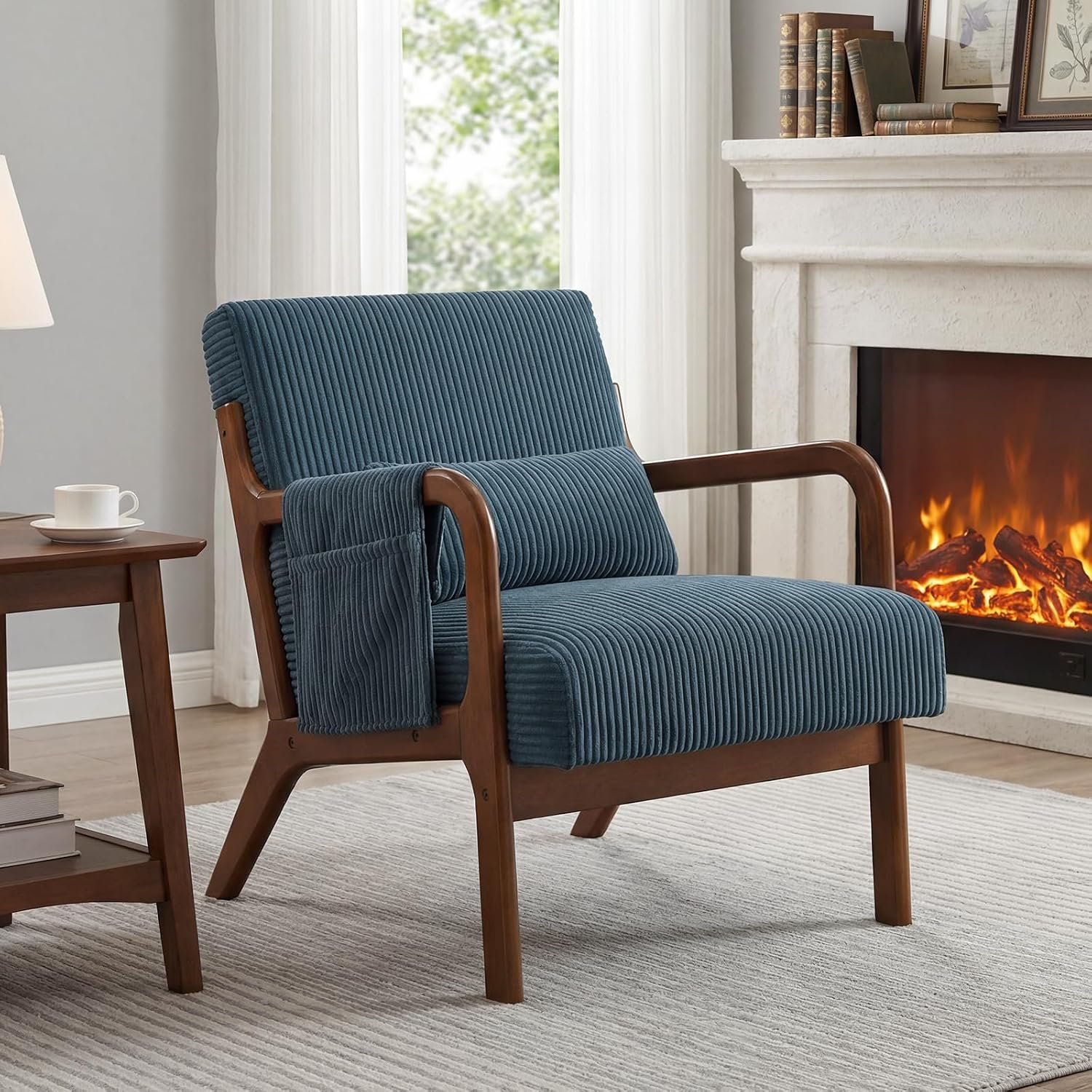 DUMOS Accent Chairs Set of 2, 17” Seat Height Armchair with Side Pocket | Upholstered Small Side Chair with Waist Cushion and Wood Frame for Living Room, Bedroom, Reading Nook, Navy Blue