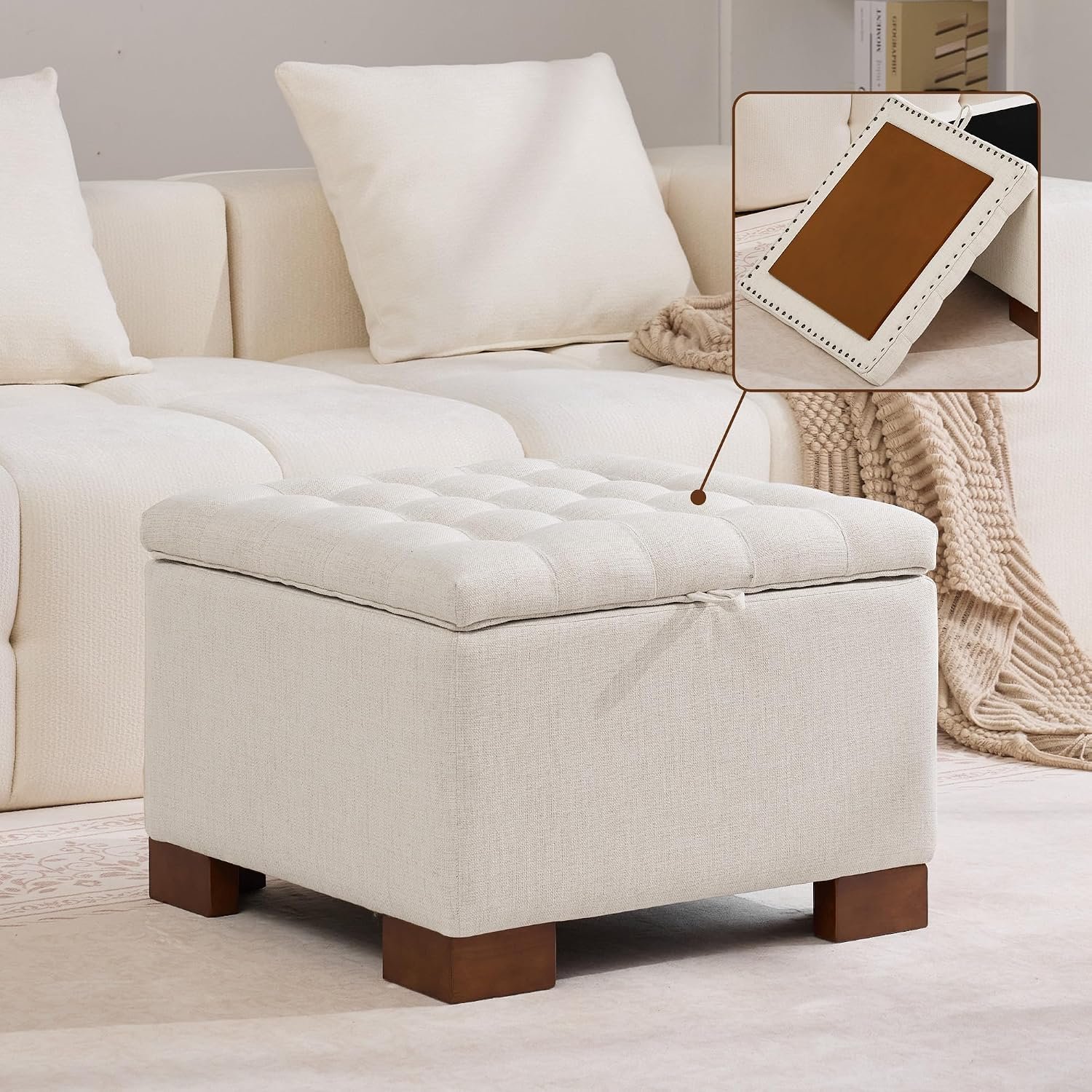 WUTUTUEE 24″ Square Fabric Storage Ottoman with Wooden Tray Top, Modern Tufted Button Upholstered Footstool Coffee Table, Multifunctional Small Storage Ottoman for Living Room Bedroom, Beige