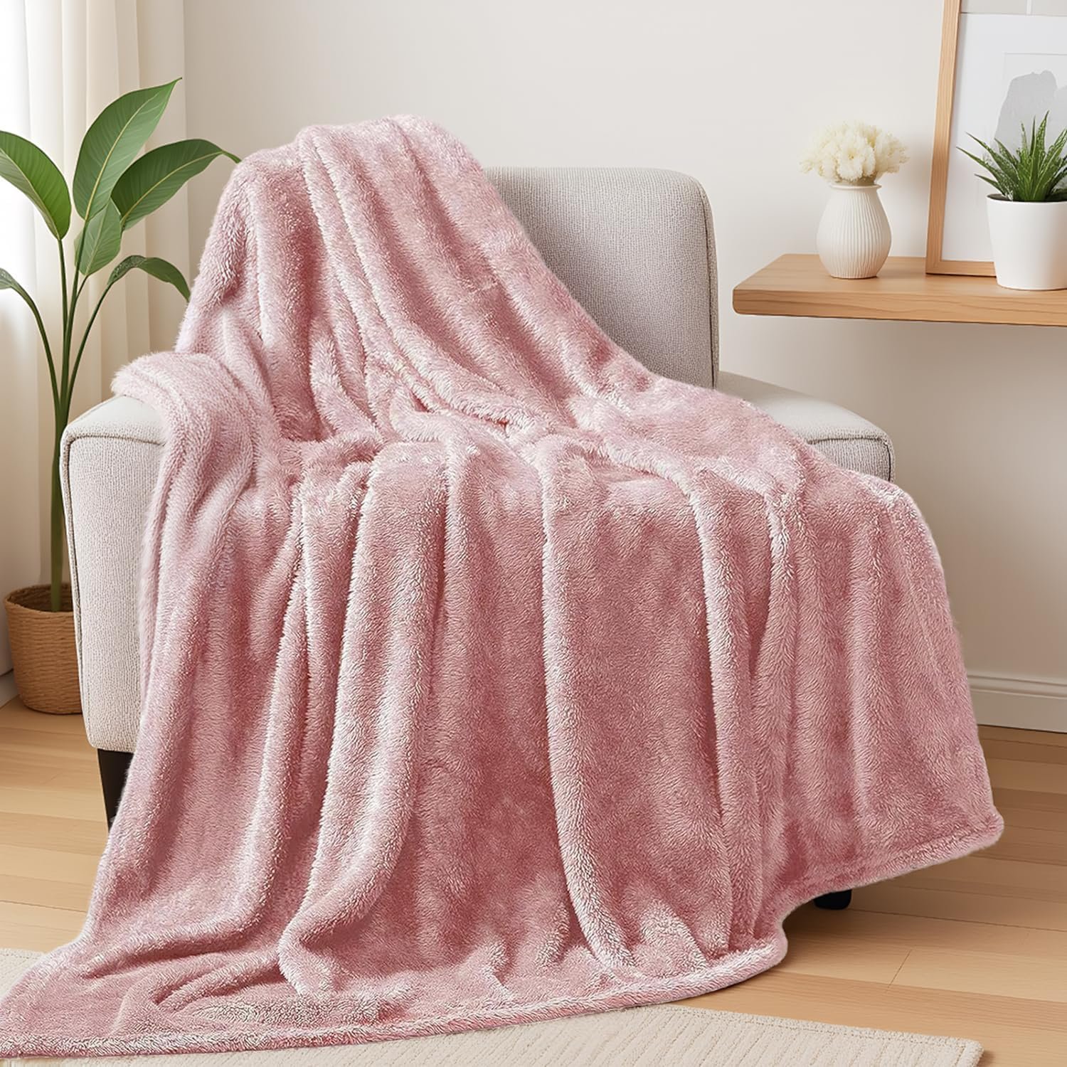 Exclusivo Mezcla Fuzzy Large Fleece Throw Blanket for Couch, Dusty Pink | 50×70 Inches, Super Soft and Cozy Throw, Plush Fluffy Blanket for Sofa, Bed, Bedroom, Home Decor, All Season