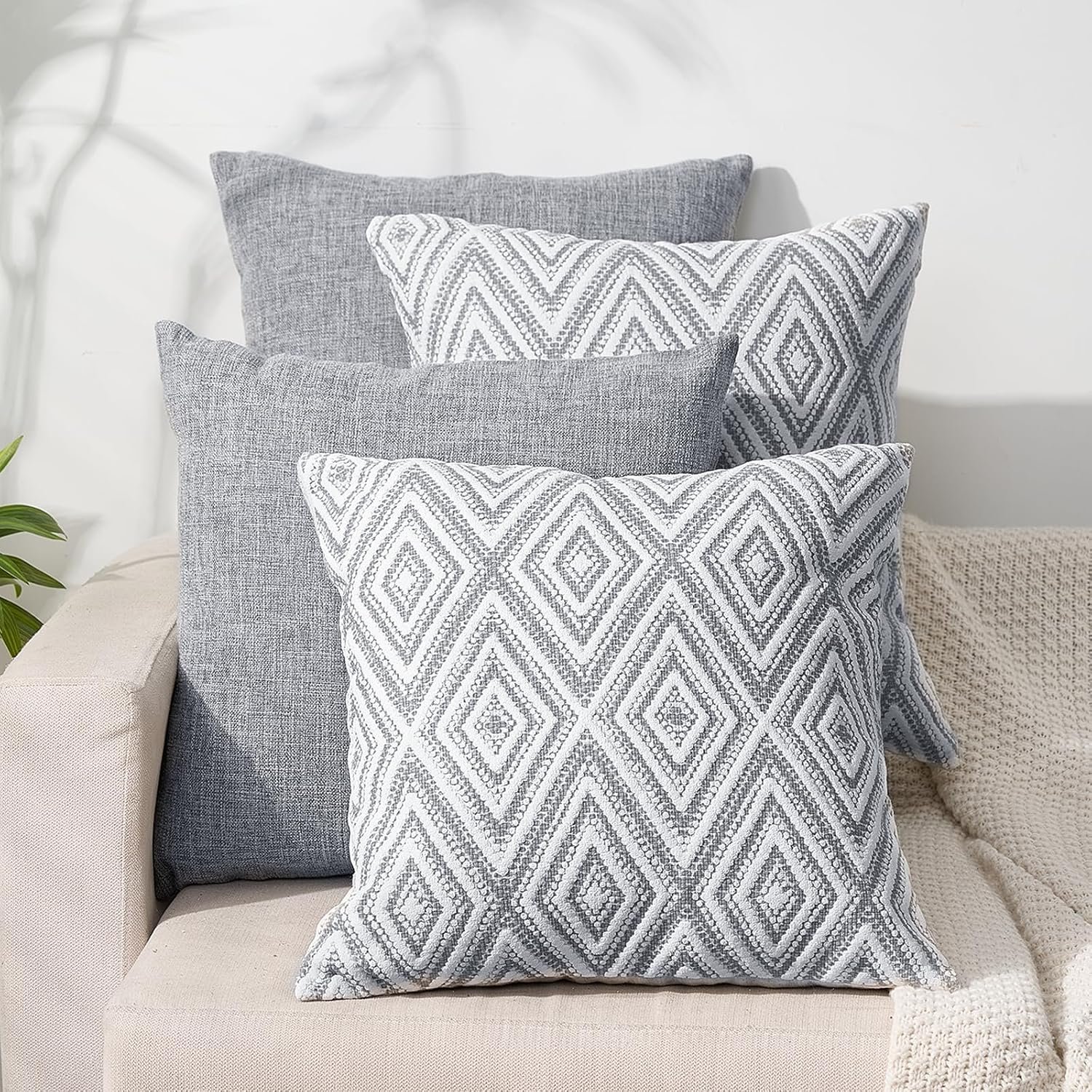 HPUK Throw Pillow Covers 18×18, Set of 4, Grey Textured Couch Pillow Covers | Polyester fabric, patterned and solid designs, hidden zippers, machine washable, for sofas and beds, inserts not included