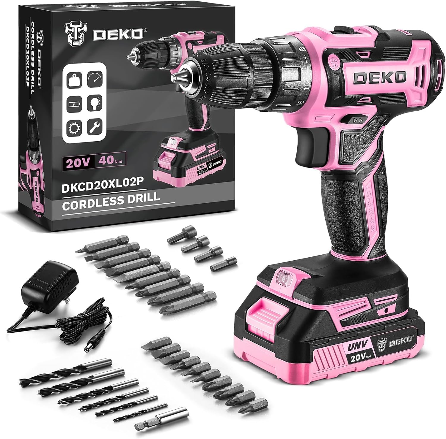 Power Drill Cordless: DEKOPRO Pink Cordless Drill 20V Electric Power Drill Set Tool for Women Drills with Battery and Charger 20 Volt Drills Driver Kit