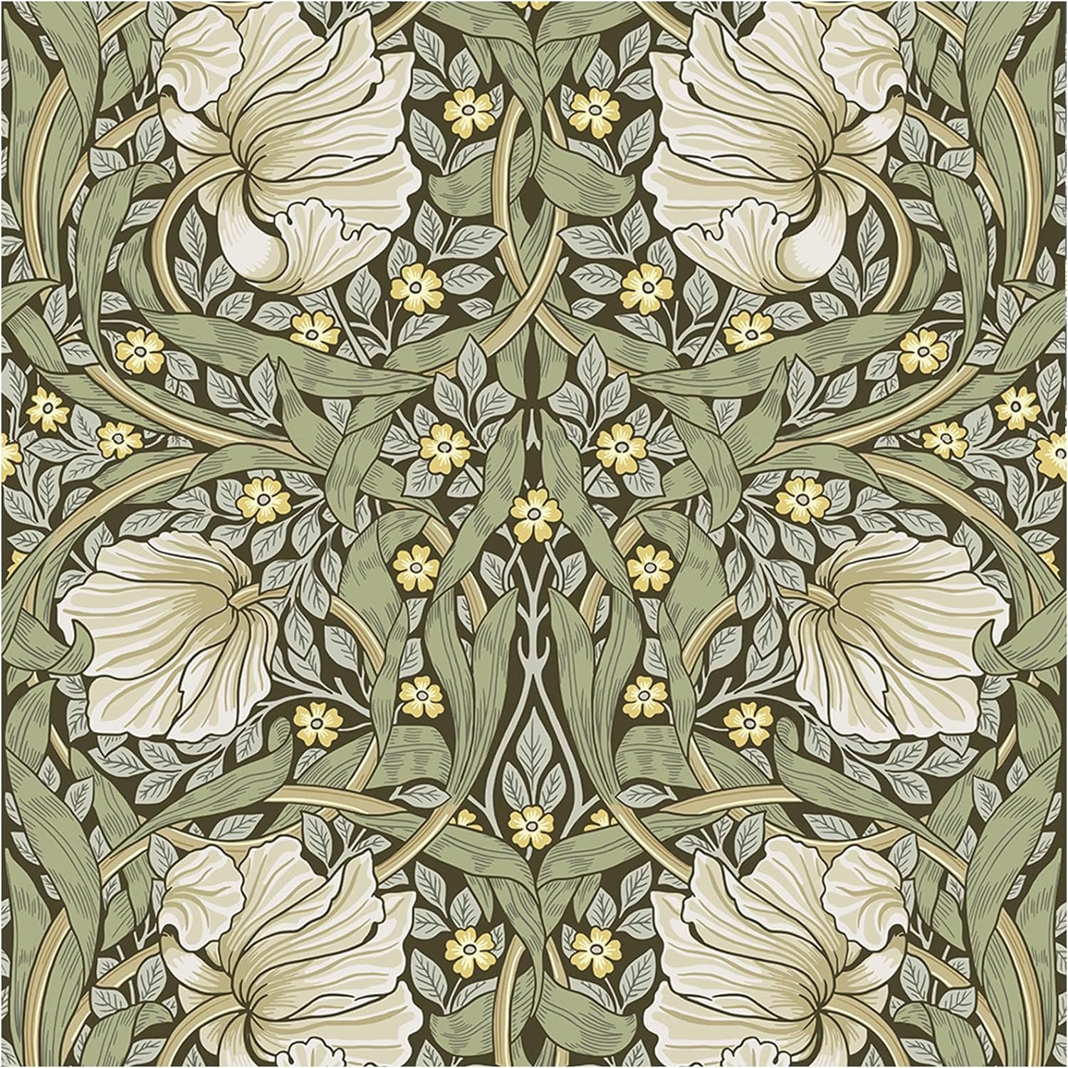 HAOKHOME William Morris Wallpaper Vintage Wall Paper Sage Green Removable | Textured Renter Friendly Stick On Wall Paper Yellow Retro Floral Mural Bathroom Bedroom Nursery Contact Paper 17.3in x 9.8ft