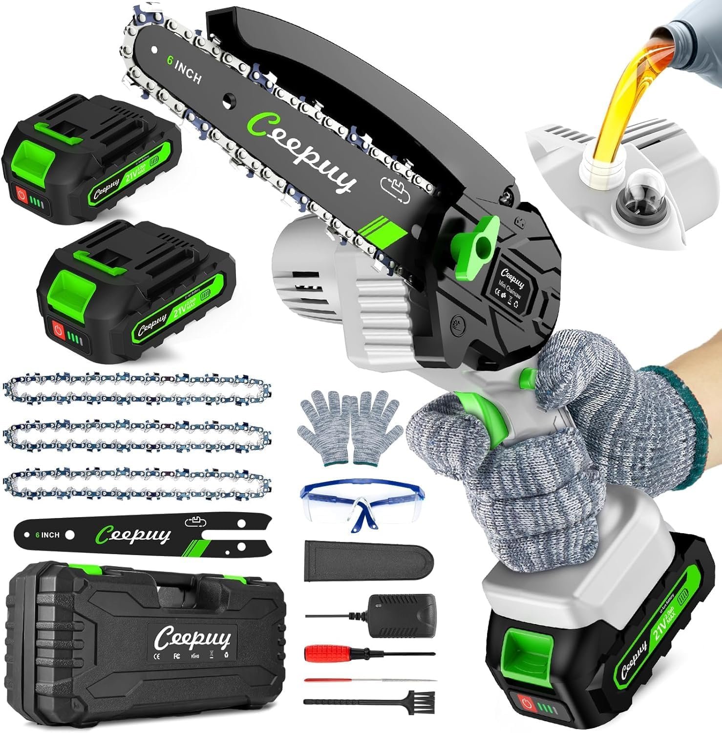 CEEPUY Mini Chainsaw Cordless,6 Inch Portable Electric Chainsaw with 2 Batterys/Automatic Oiler/Security Lock/Powered Small Handheld Saw for Trees Branches Trimming,Gifts for Father Men Dad Husband