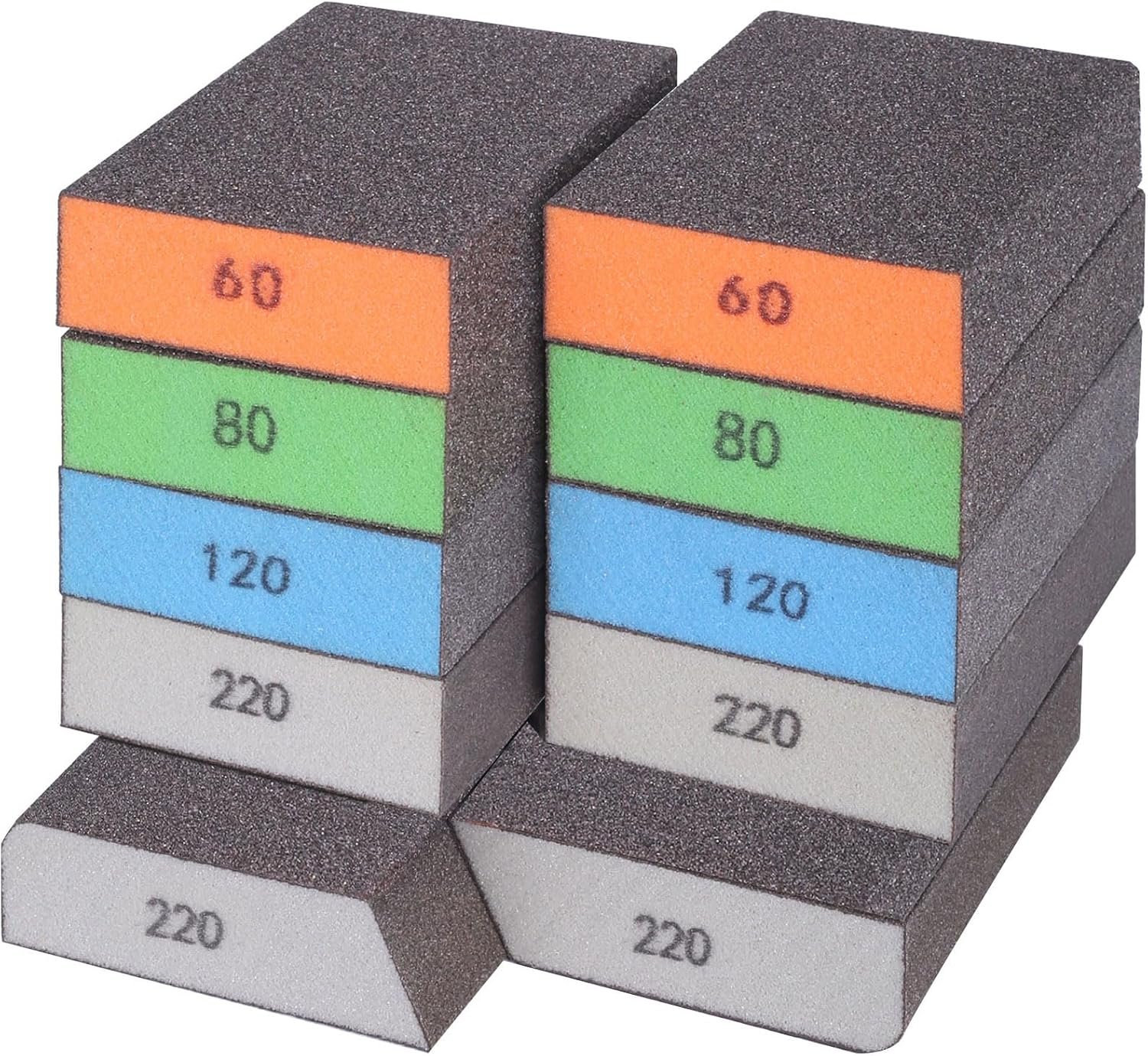 BOSHCRAFT 10 Pcs Sanding Sponge Set, 220 Grit: 4 Pcs, 60/80/100/120/180 Grit: 2 Pcs Each, Washable & Reusable Sanding Block for Wood Drywall Metal, Coarse to Superfine, 3.9″ x 2.8″