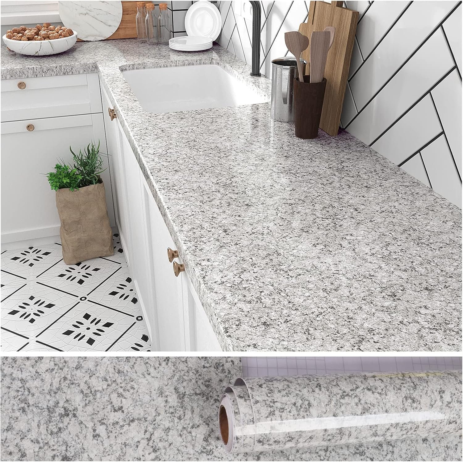 VEELIKE 15.7”x118” Granite Contact Paper for Countertops Waterproof Self Adhesive Grey Granite Wallpaper Peel and Stick Countertops for Kitchen Bathroom Counter Top Removable Decorative Film Vinyl