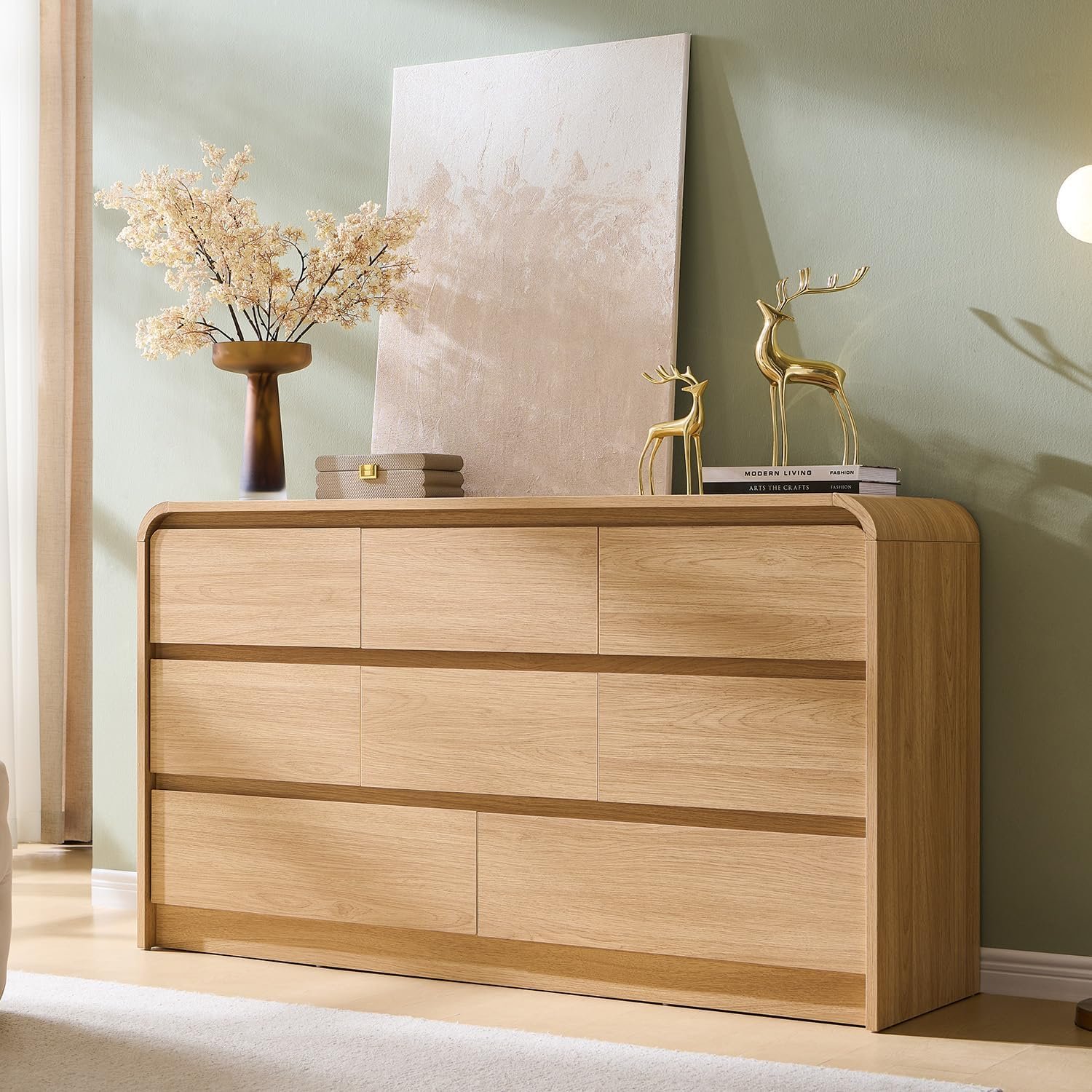 Aitjunz Modern 8 Drawers Dresser for Bedroom, 55″ Wide Dressers & Chest of Drawers w/Curved Profile Design, Wood Mid Century Storage Dressers Organizer for Bedroom, Living Room, Natural Oak