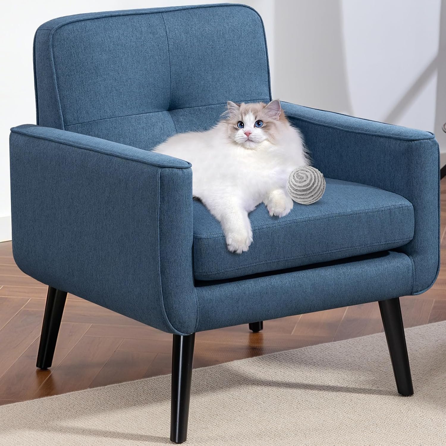 Mid Century Modern Accent Chair, Fabric Reading Armchair, Blue | 300LBS Capacity, Padded Seat, Stain-Resistant Fabric, Sturdy Wood Frame, Easy Assembly, Ideal for Living Room & Bedroom