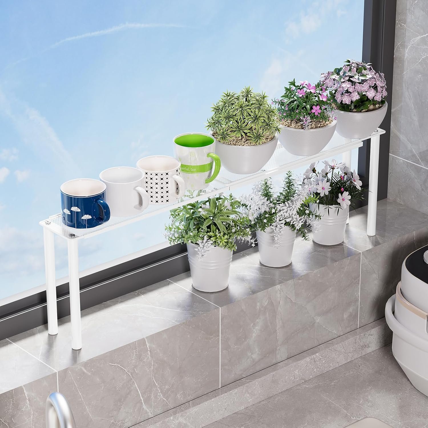 Expandable Mesh Shelf Organizer for Over-Sink Storage, Kitchen Counter, Windowsill Plants, Bathroom Vanity, and Office Desk — A Narrow Tall Solution for Tight Spaces