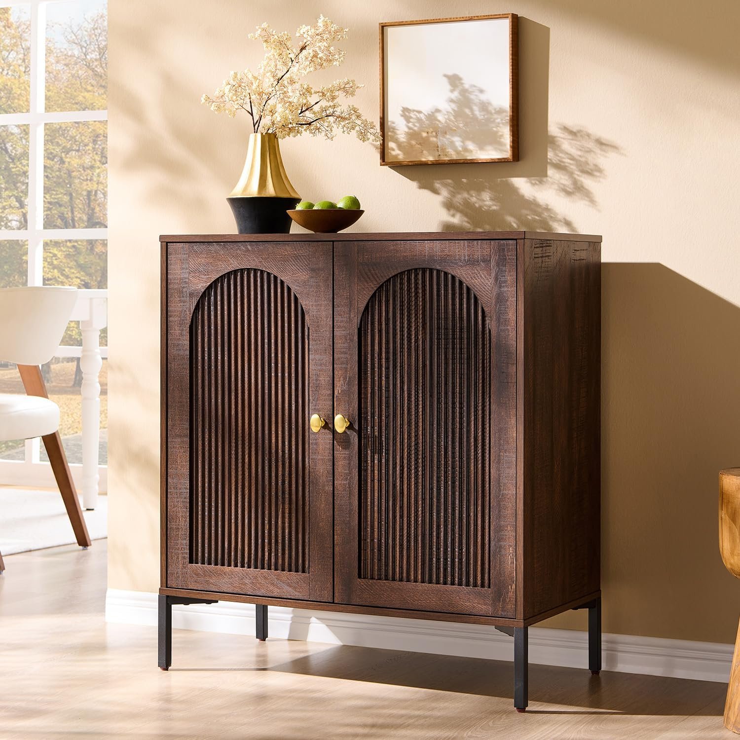 IFGET 34″ Tall Modern Arched Sideboard Buffet Cabinet with Storage, Brown | Fluted Arch Sideboard Cabinet w/Adjustable Shelves, Wooden Modular Kitchen Cabinet for Dining& Living Room, Entryway