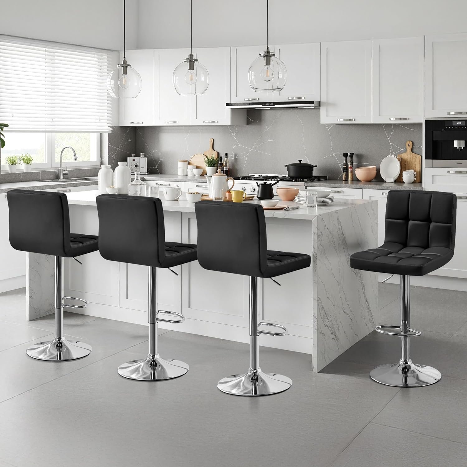 Yaheetech Bar Stools Set of 4 Adjustable Counter Height Barstools Black | 360 Degree Swivel Faux Leather Sillas Para Barra De Cocina with Back and Footrest for Kitchen Dining Room Island and Bar