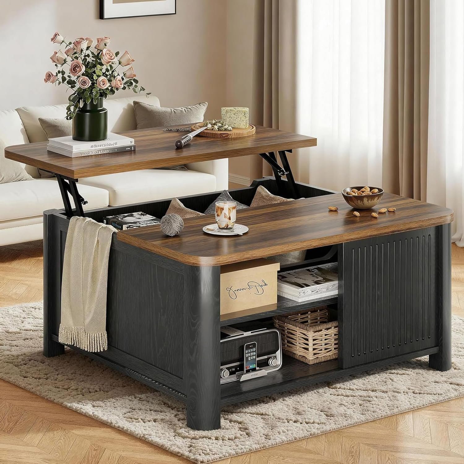 Decofy Lift Top Coffee Table with Storage Adjustable Shelves & Sliding Door