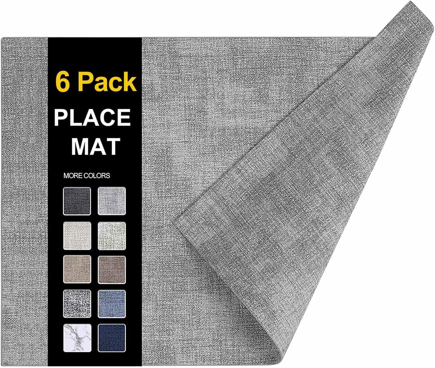 Faux Leather Heat Resistant Placemats 6 Packs, Waterproof Wipeable Dining PU Place Mats for Indoor & Outdoor, Easy to Clean, Light Grey