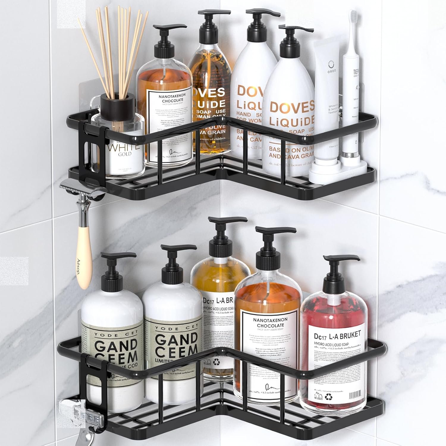 Corner Shower Caddy Adhesive, 100% Rustproof Shower Organizer, No Drill Shower Shelf for Inside Shower, Wall-Mounted Shower Storage for Homes (2 Pack, Black)