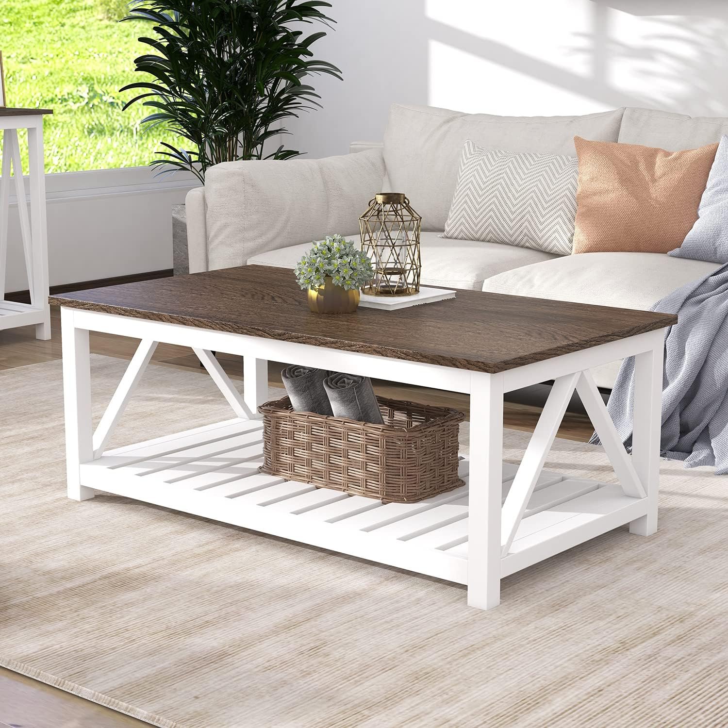ChooChoo 40″ Farmhouse Coffee Table with A-Frame Design for Living Room | Rustic Vintage Center Table with 2-Tier Storage Shelf, Living Room Coffee Table, White