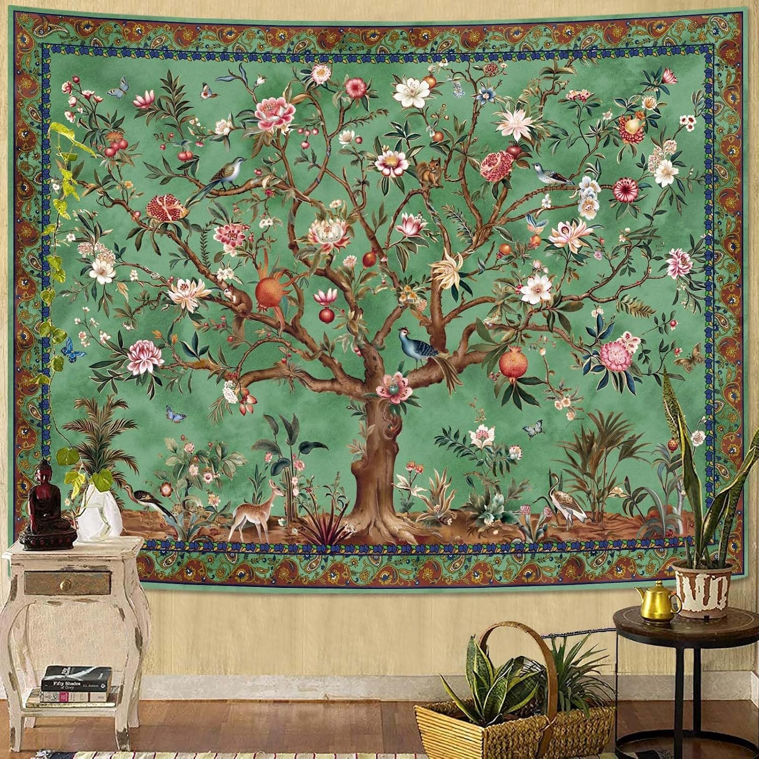 Boho Tree of LIfe Tapestry, Vintage Flower Leaves Birds Plant Animal Pattern Tapestries, Retro Indian Bohemian Aesthetic Wall Hanging Green 36×48 inch