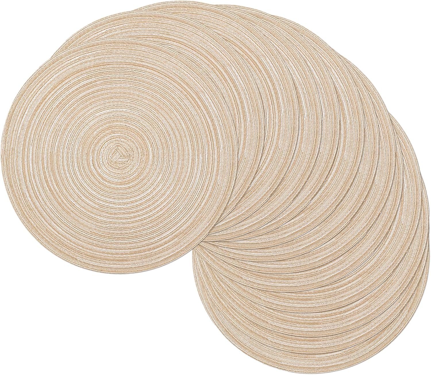 SHACOS 15 inch Round Placemats Set of 6, Cotton Polyester Woven Braided Place Mats, Washable Heat Resistant Circle Table Mats for Dining Table (Beige, 6)
