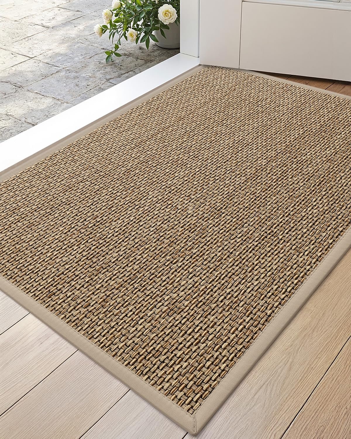 DEXI Ultra Thin Entryway Indoor Door Mat 24×36, Non Slip Rubber Backing Inside Entry Mat, Low Profile Easy Clean Dirt Trapper Doormat for Inside Entrance Patio, Beige
